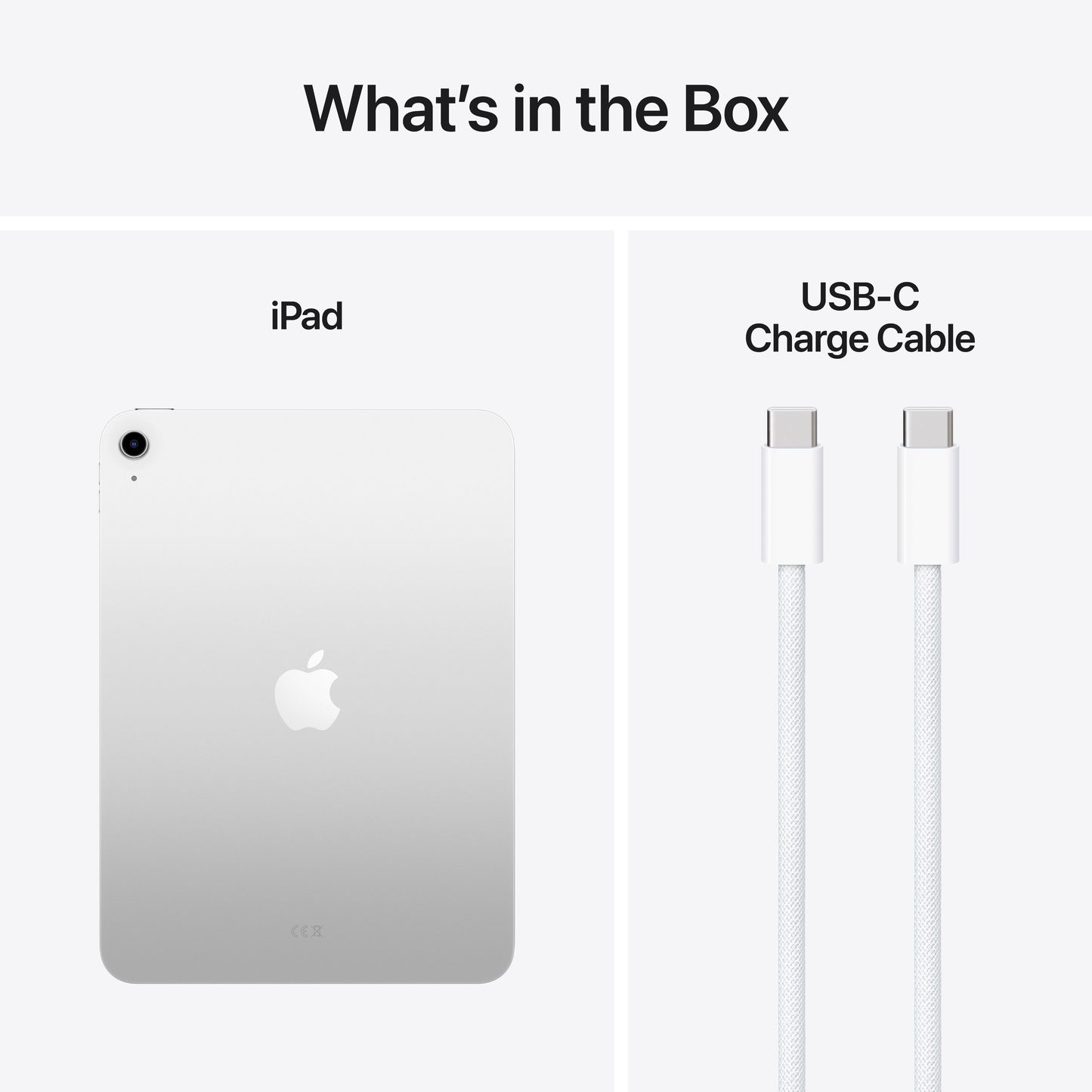 Apple iPad 11" Wifi 256 GB sølv med Liquid Retina-skærm og hvid USB-C opladerkabel i æske.