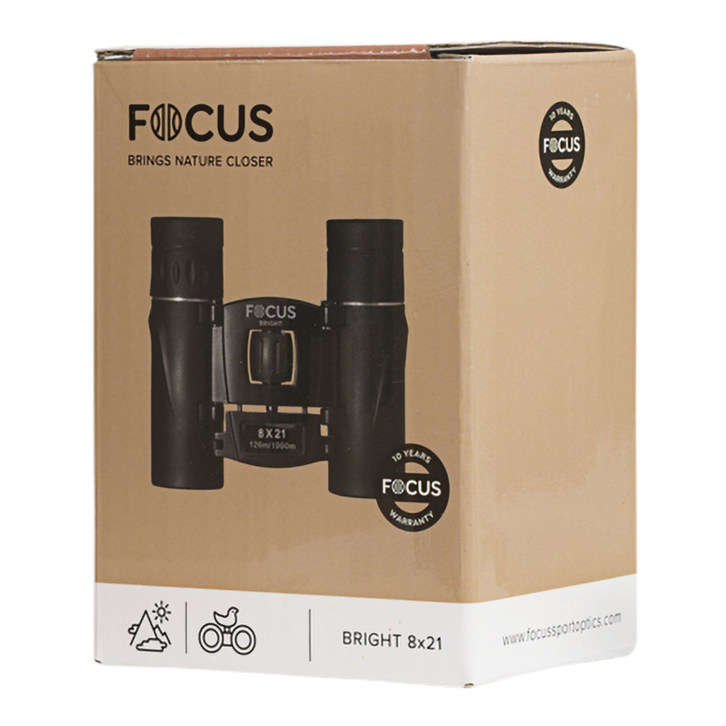 Focus Sport Optics Lys kompaktkikkert, sort æske med produktfoto, 8x21 specs, tekst "Focus Brings Nature Closer", 10 års garanti.