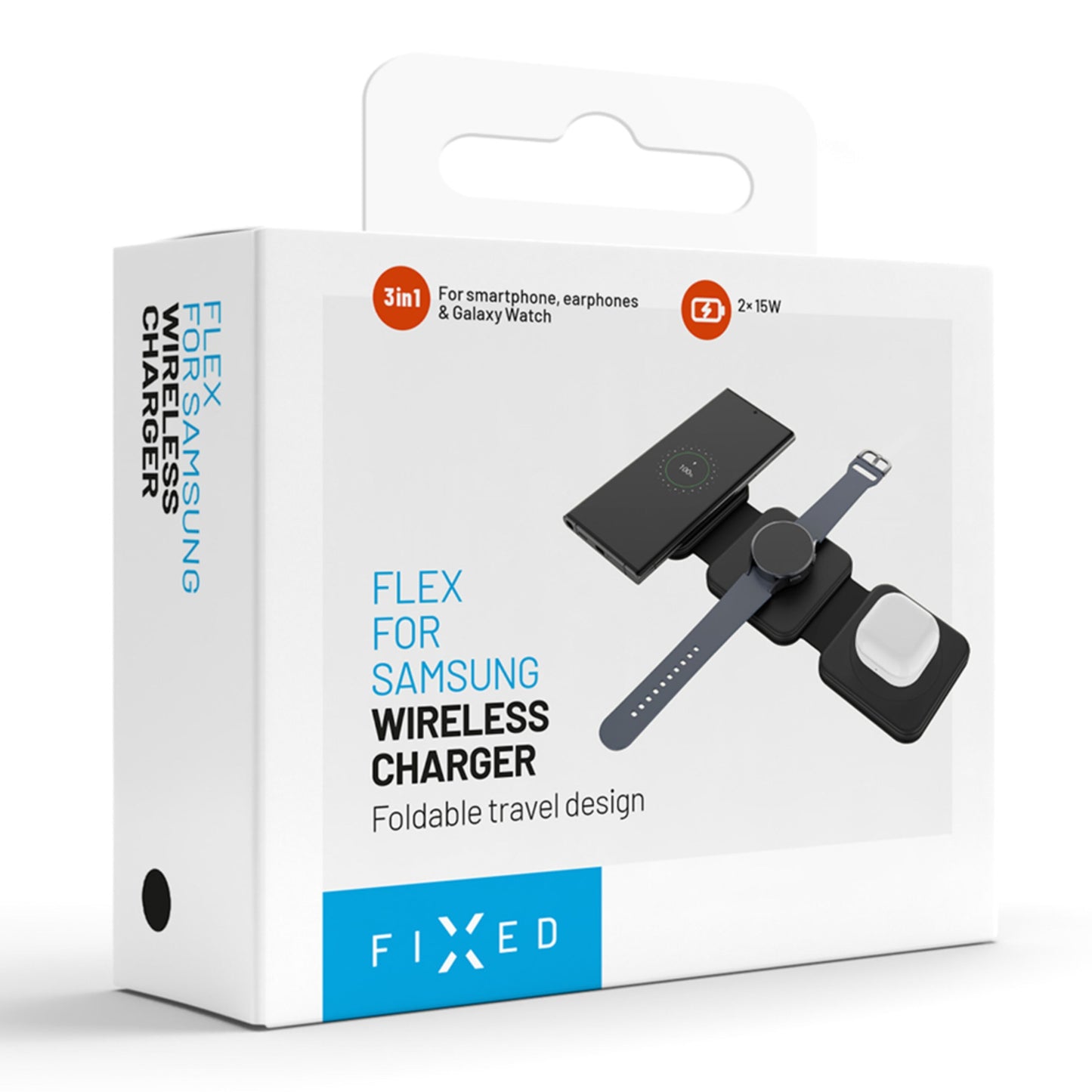 Samsung Fixed Flex 3-i-1 æske med billede af sammenklappelig opladningspad til mobil, Galaxy Watch, høretelefoner, 15W.
