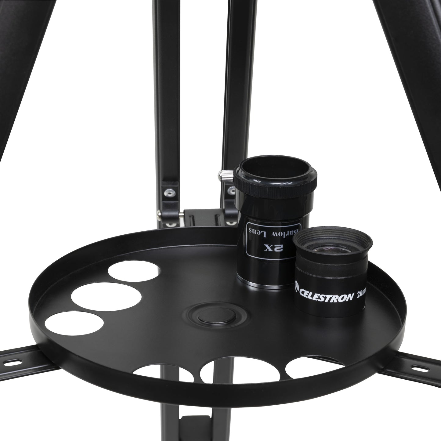 Sort rund bakke på trefod med to okularer, 2X og Celestron 20mm, samt tomme rum til StarSense Explorer LT 70AZ 70 mm teleskop.