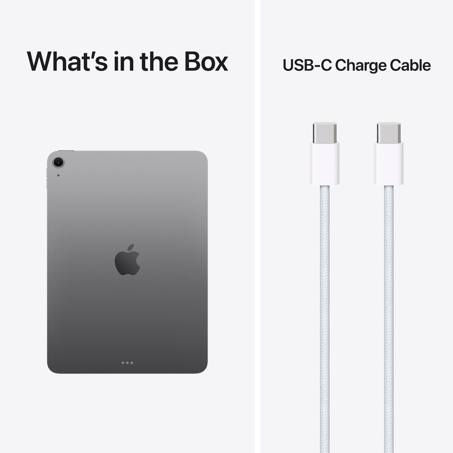 Apple iPad Air 11" M4 128GB Wifi rumgrå til venstre, hvid USB-C opladerkabel til højre.