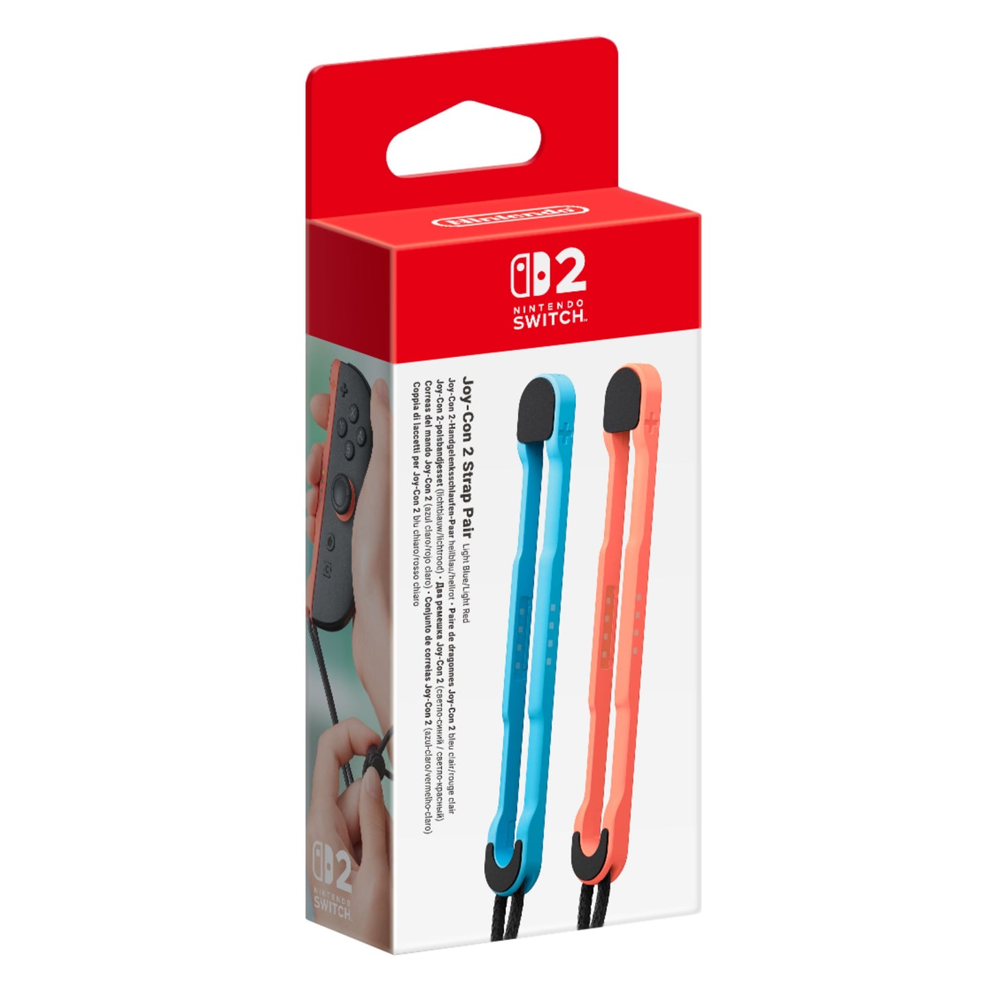 Nintendo Joy-Con 2 Strop Par emballage med to håndledsremme, blå og rød, synligt logo og produktdetaljer.