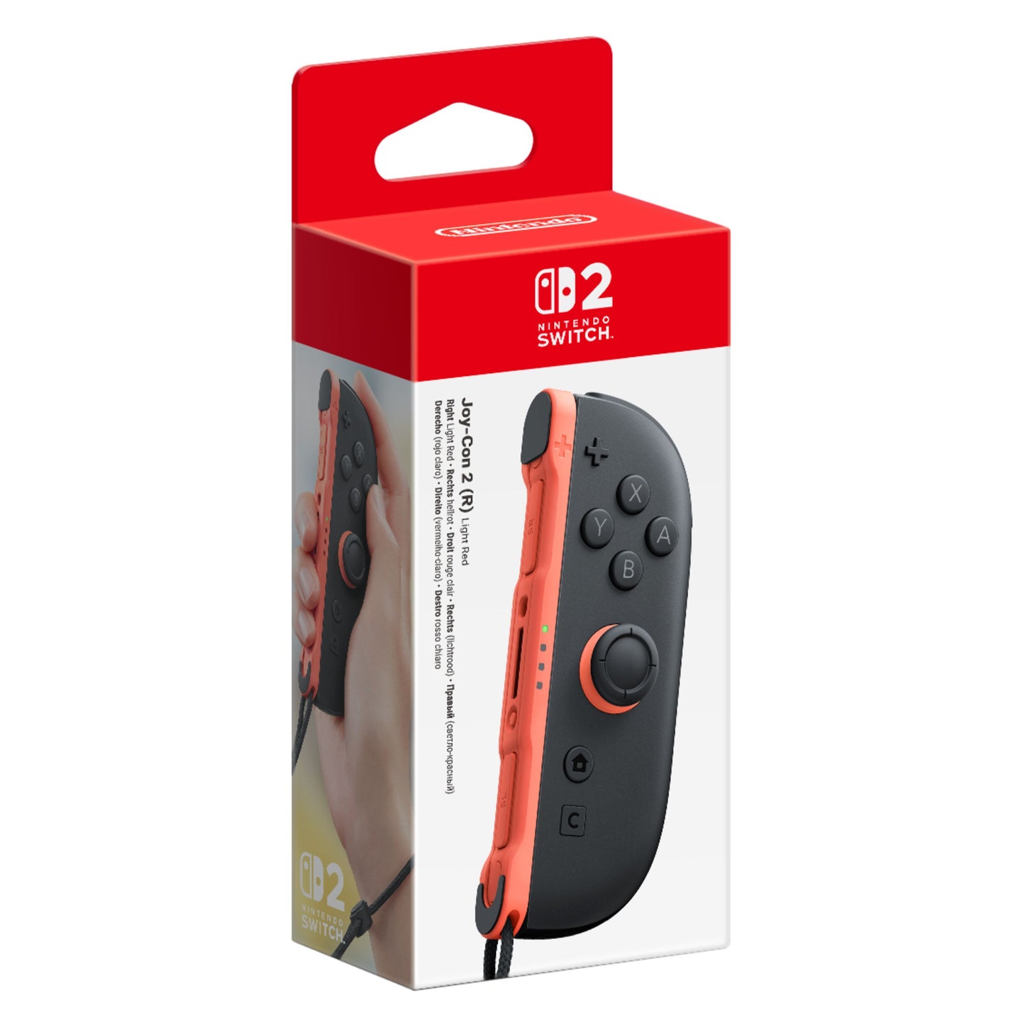 Nintendo Joy-Con 2 (H) controller i rød og sort æske med Nintendo Switch-logo og tekst om bevægelseskontrol.
