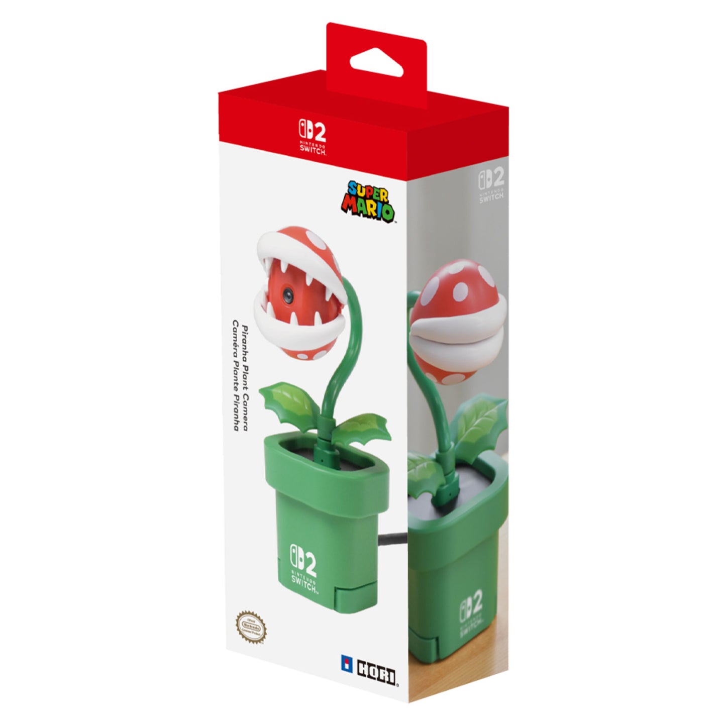 Super Mario Piranha Plant oplader i rød/hvid æske med Super Mario-logo, kompatibel med Nintendo Piranha Plant Kamera.