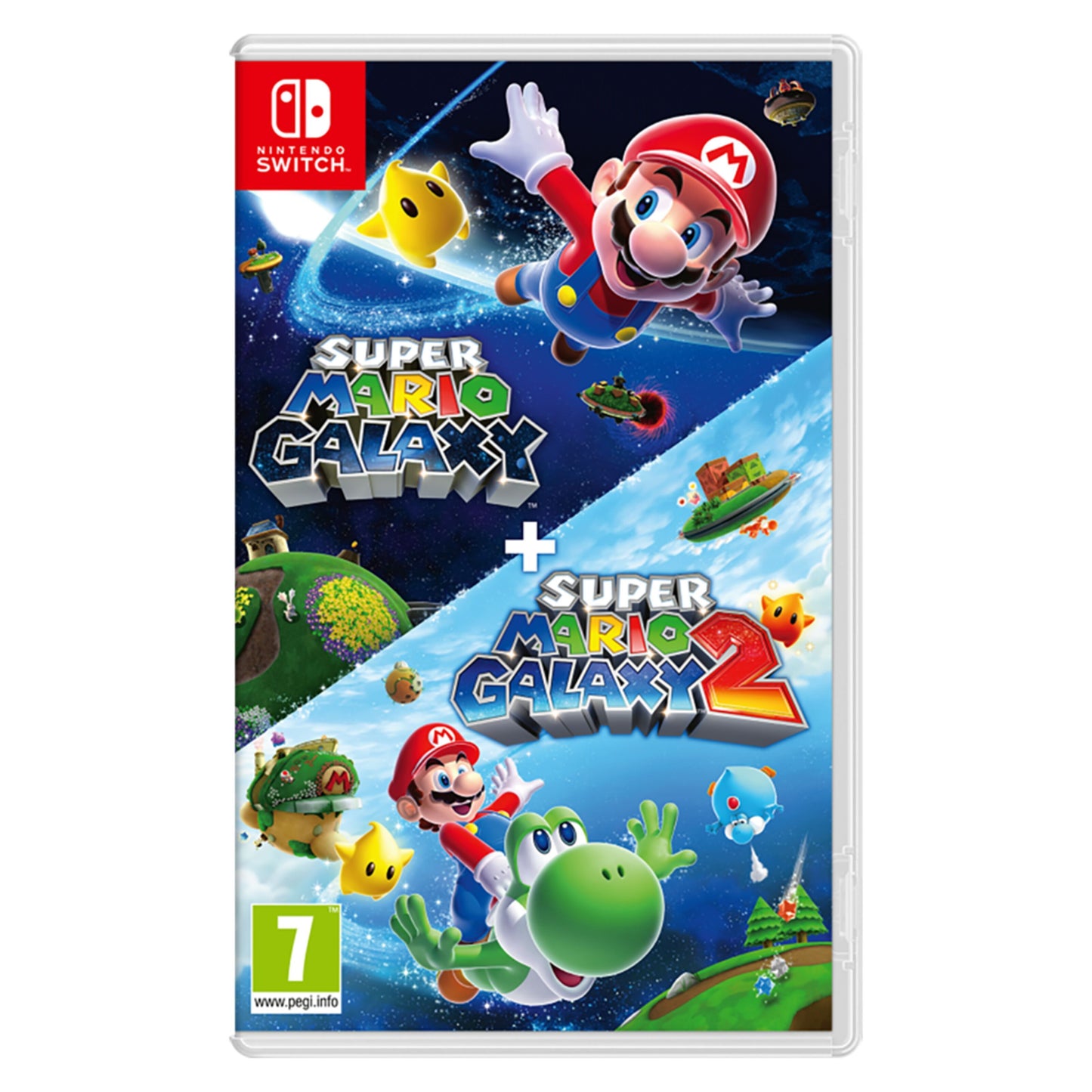 Nintendo Super Mario Galaxy + Super Mario Galaxy 2 spilcover med Mario, stjerner, planeter, Yoshi og PEGI 7-mærkning.