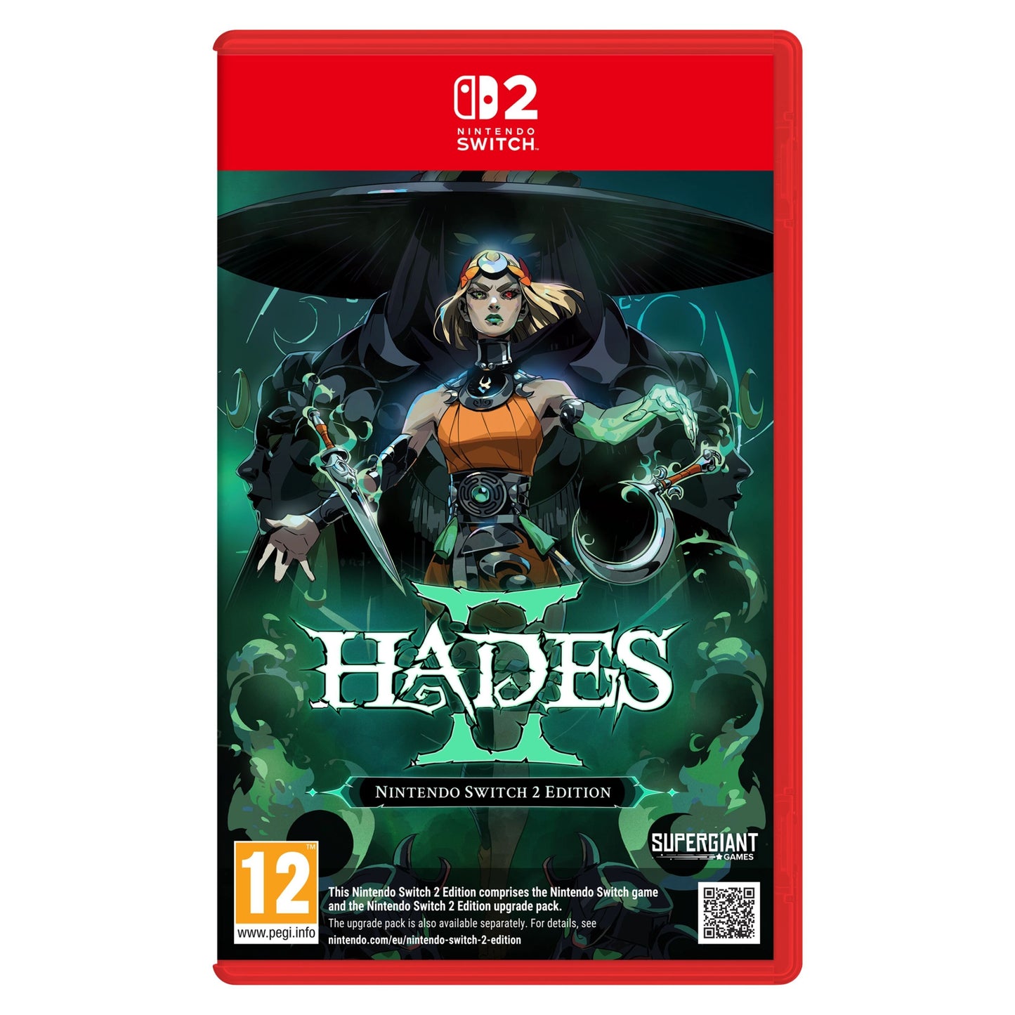 Nintendo Hades II Nintendo Switch 2 Edition spilæske med panserklædt kvinde, stav, grøn røg og synligt titel og edition.