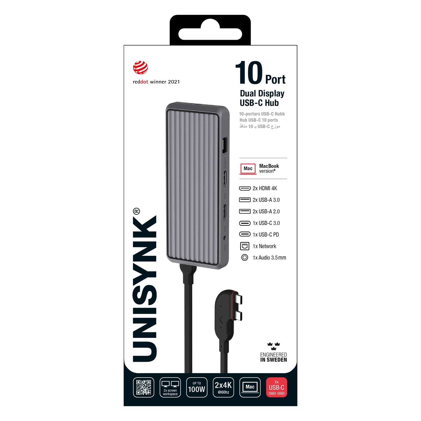 Unisynk 10-ports USB-C-hub grå til Mac med HDMI, DisplayPort, USB-A/-C, netværk, lyd og 100W opladning.