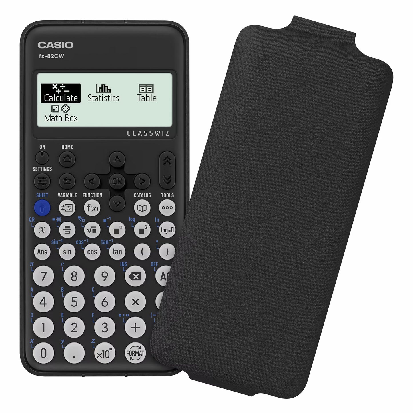 Casio FX-82 CW teknisk lommeregner sort med delvist aftaget beskyttelsescover, synlig skærm og tastatur med funktionsknapper.