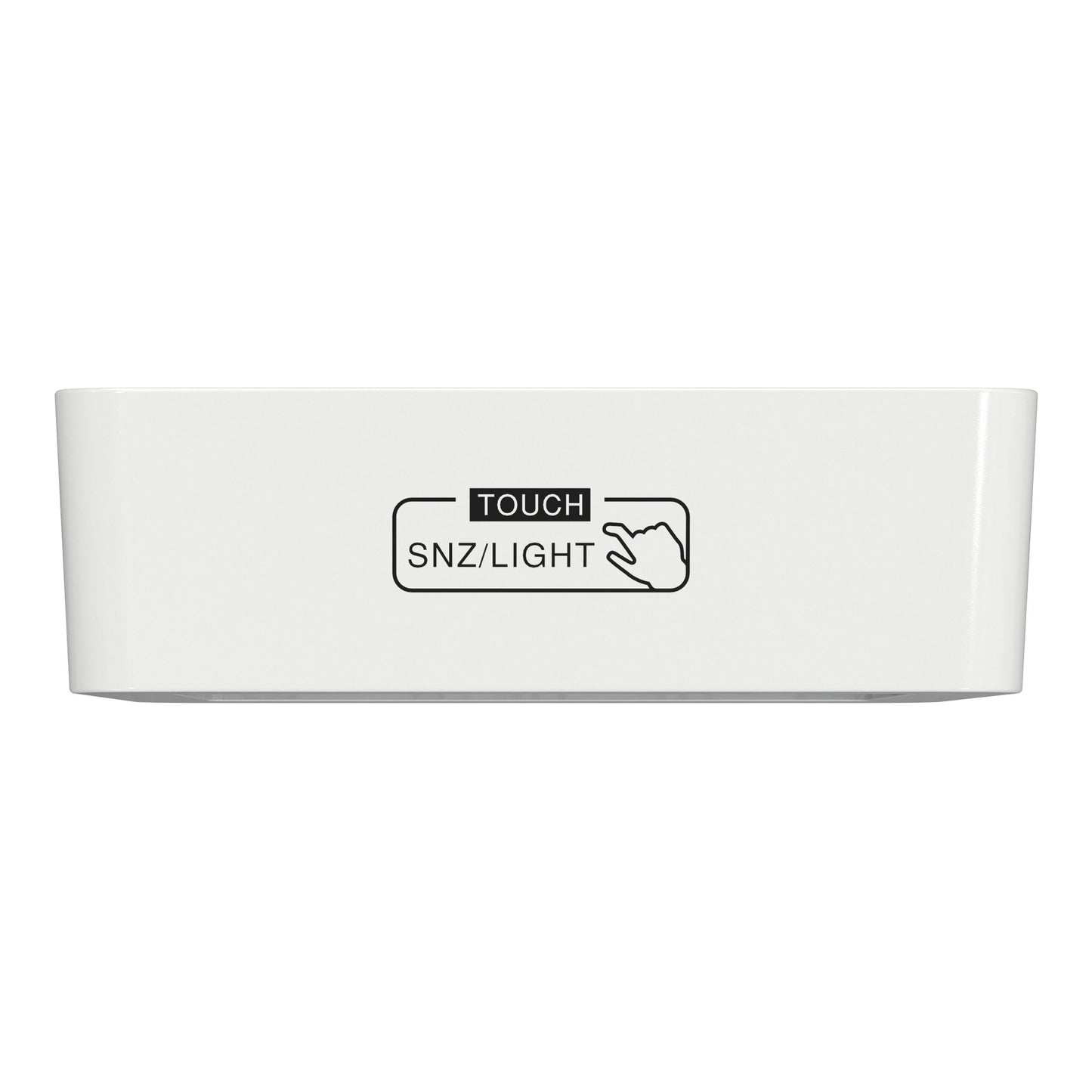 Luxorparts vækkeur, rektangulært med TOUCH SNZ/LIGHT label, fingerikon og digitalt display.