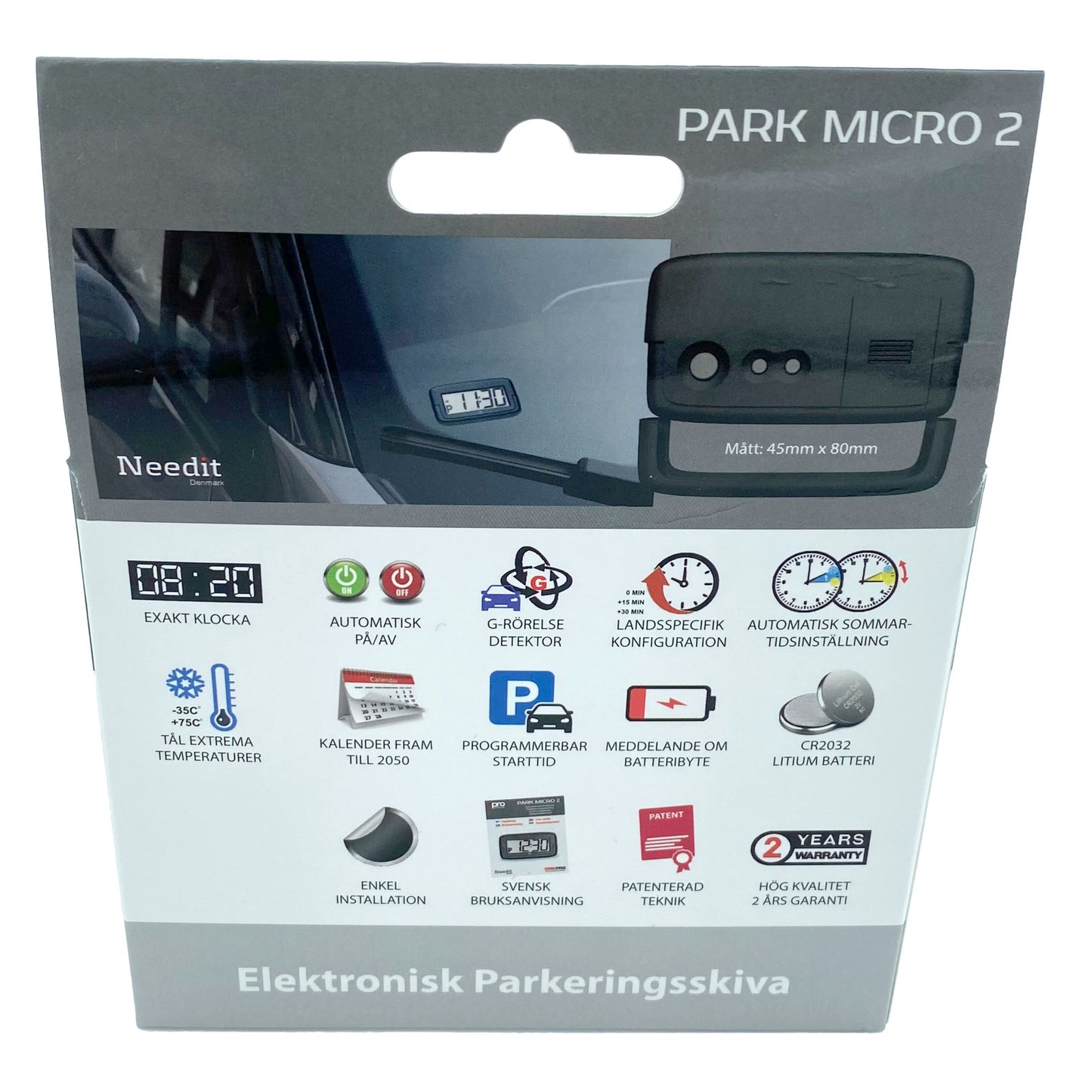 Park Micro 2 Automatisk P-skive, digitalt display, ikoner for parkeringstid, temperatur og batteriinfo, svensk tekst.