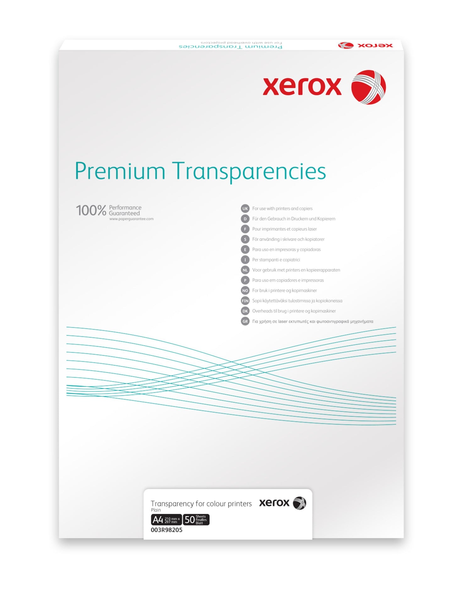Xerox Overheadpapir Laser A4 50 ark egnet til farveprinter og laserprinter, hvid emballage med blå linjer og Xerox-logo.