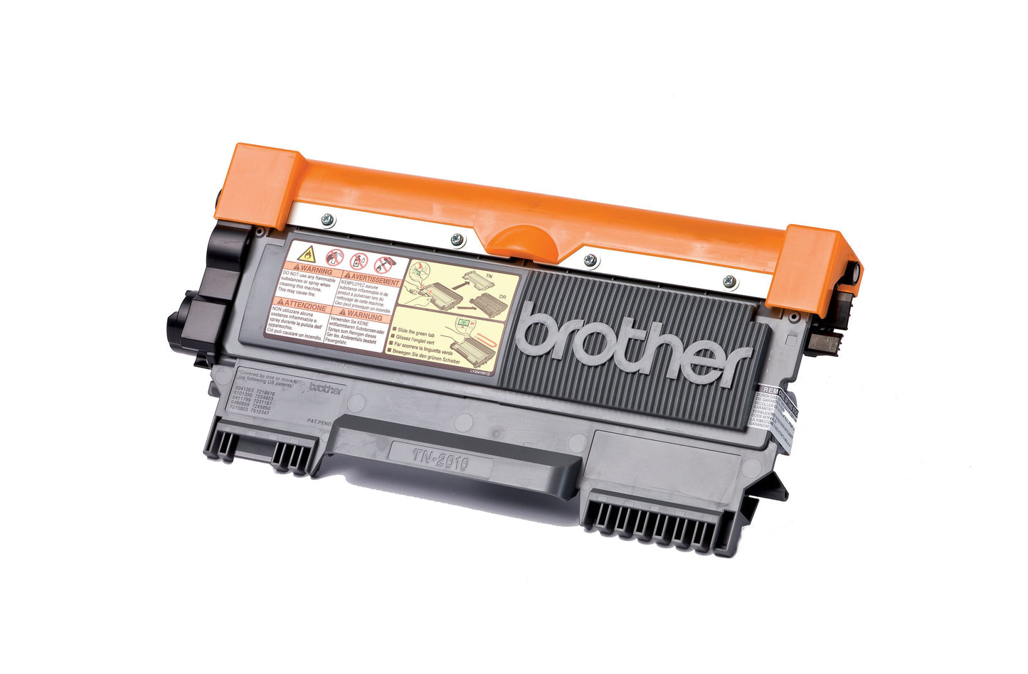 Brother Toner TN-2010 sort patron med orange beskyttelsesdæksel, advarselsmærkater og Brother-logo.