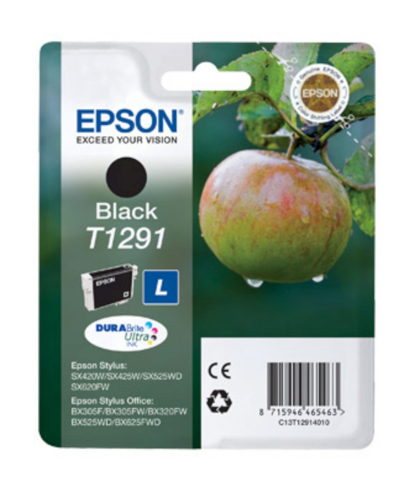 Epson T1291 blækpatron sort i emballage med grønt og rødt æble, vanddråber, kompatibilitetsinfo og stregkode.
