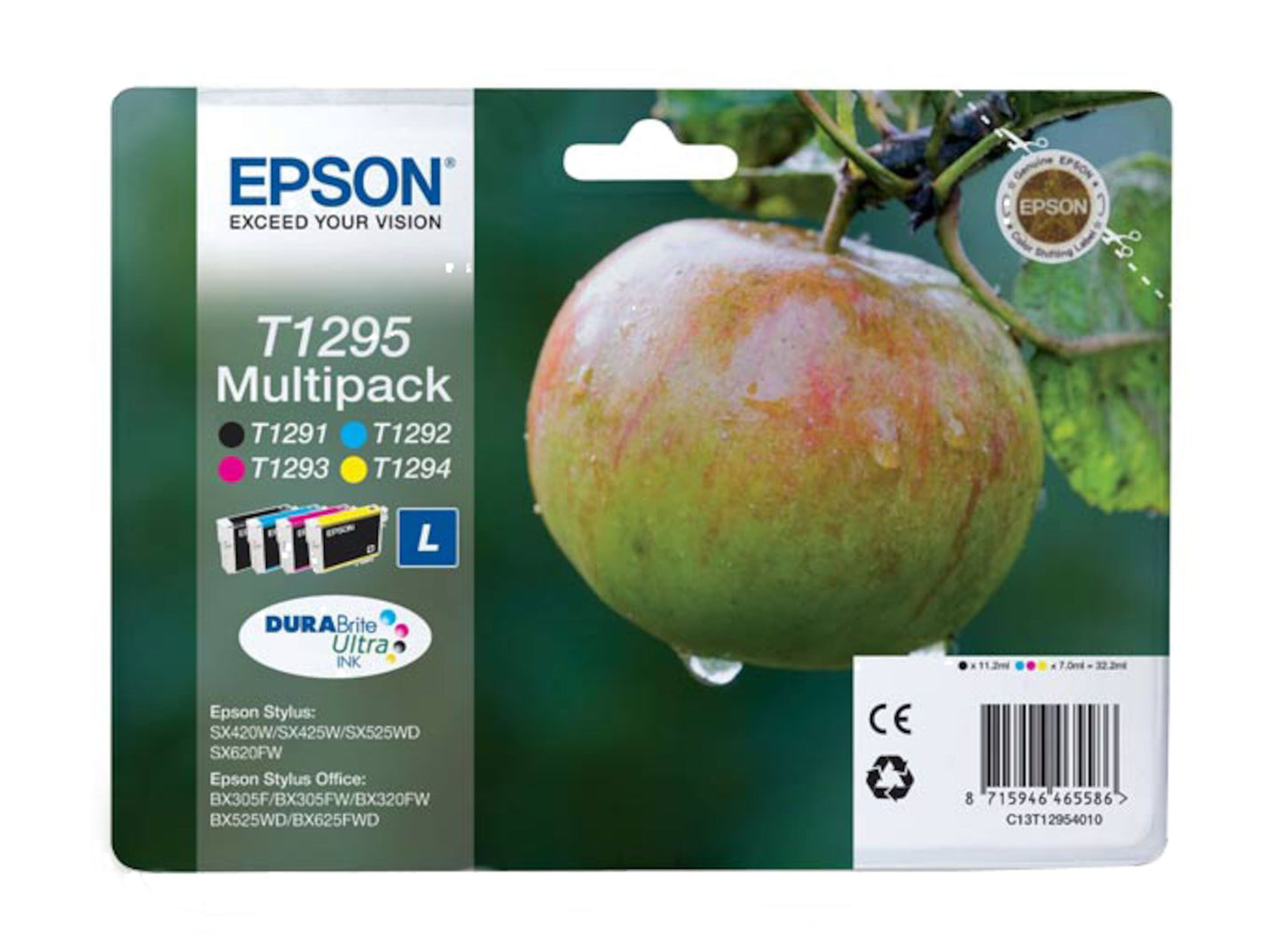 Epson T1295 Blækpatron 4-pakke æske med æblemotiv, farveikon og Epson Stylus kompatibilitet på forsiden.