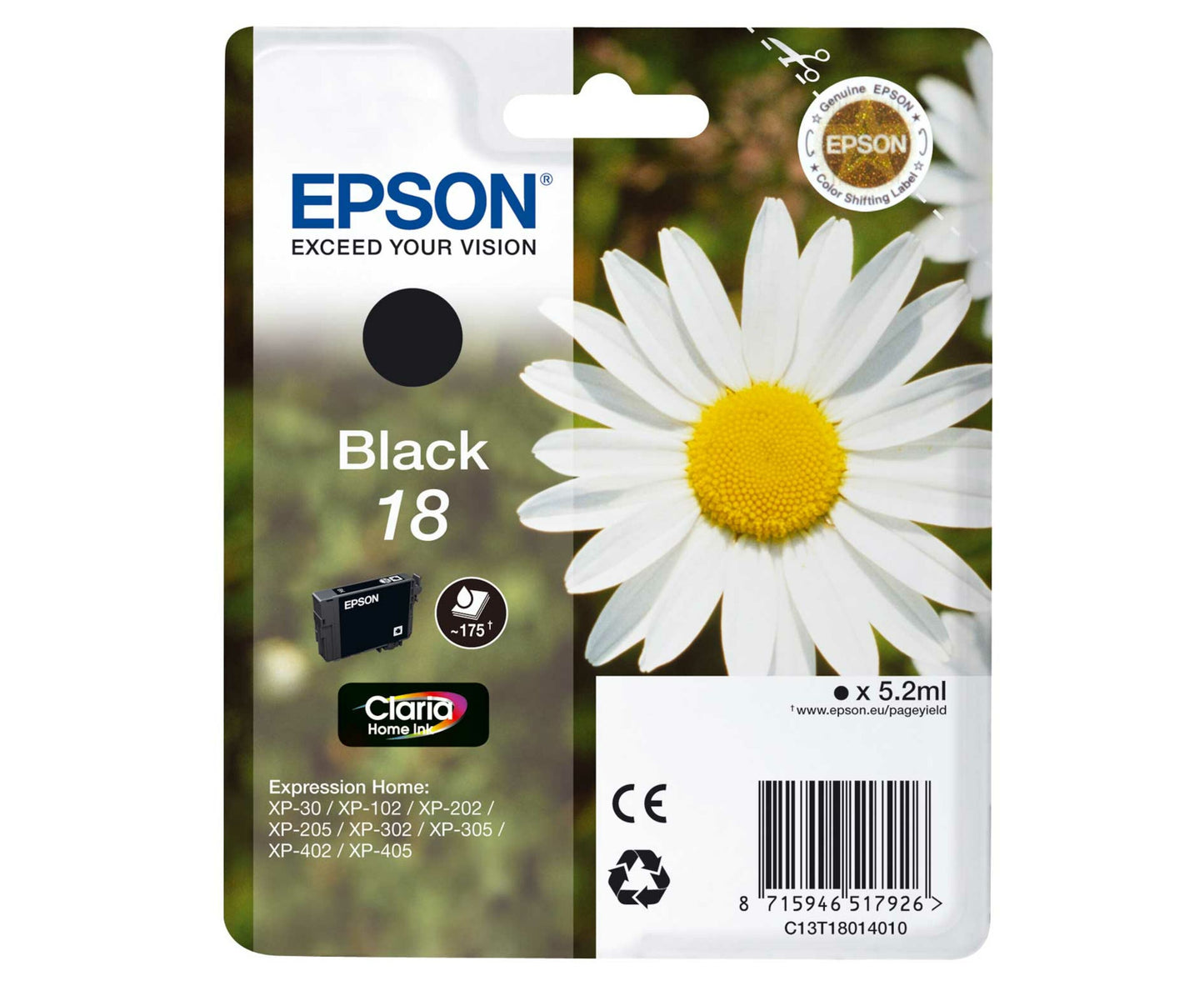 Epson T1801 sort blækpatron i emballage med margueritmotiv, Epson-logo, produktinfo og billede af patron.