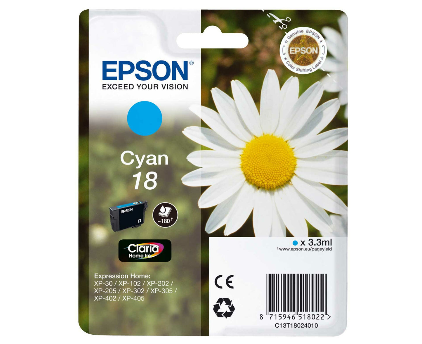 Epson T1802 blækpatron cyan med stor hvid marguerit på grøn baggrund, produktinfo og Epson-printerkompatibilitet.