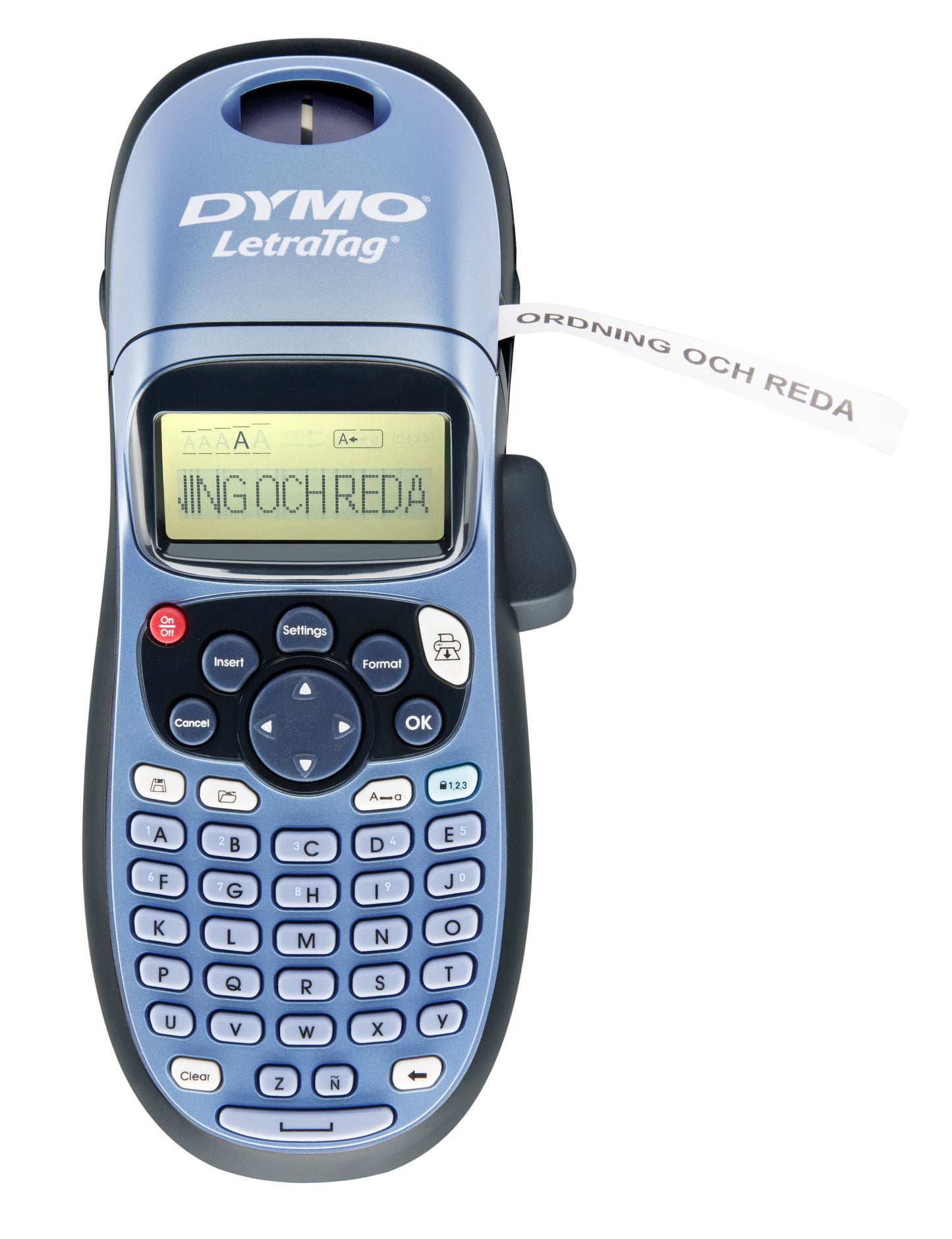 Dymo Letratag LT-100H håndholdt mærkemaskine blå med QWERTY-tastatur, LCD-skærm, LetraTag tape-kompatibel.