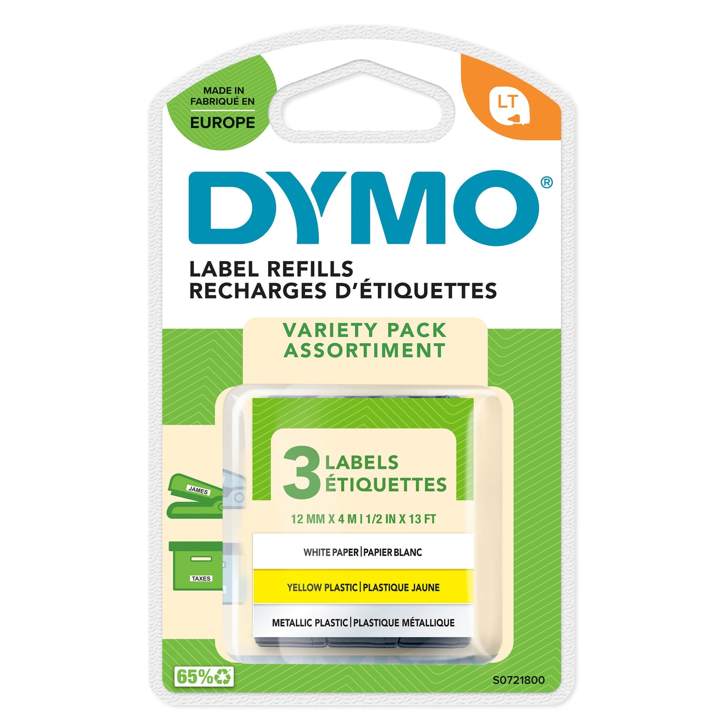 Dymo LetraTag mærketape 3-pak, 12 mm, hvid papir, gul plast, metallic plast, lavet i Europa, til LetraTag labelmaskiner.