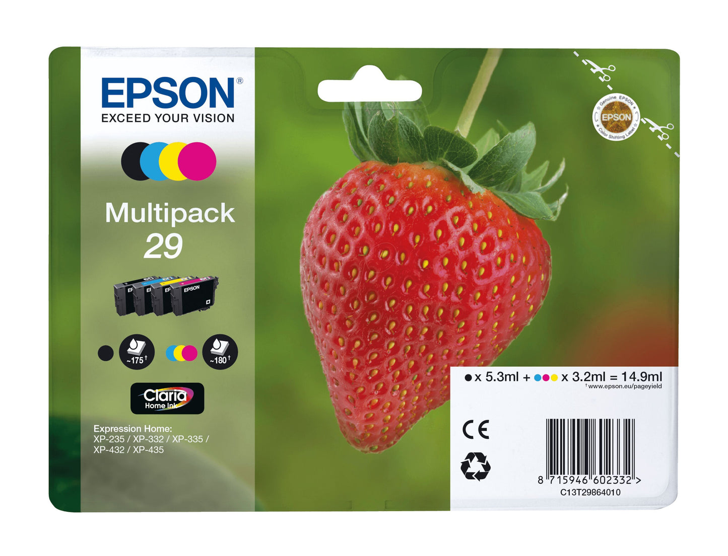 Epson T29 blækpatron 4-pakke æske med stort jordbærmotiv, grøn baggrund, farveikoner, produktinfo og stregkode.