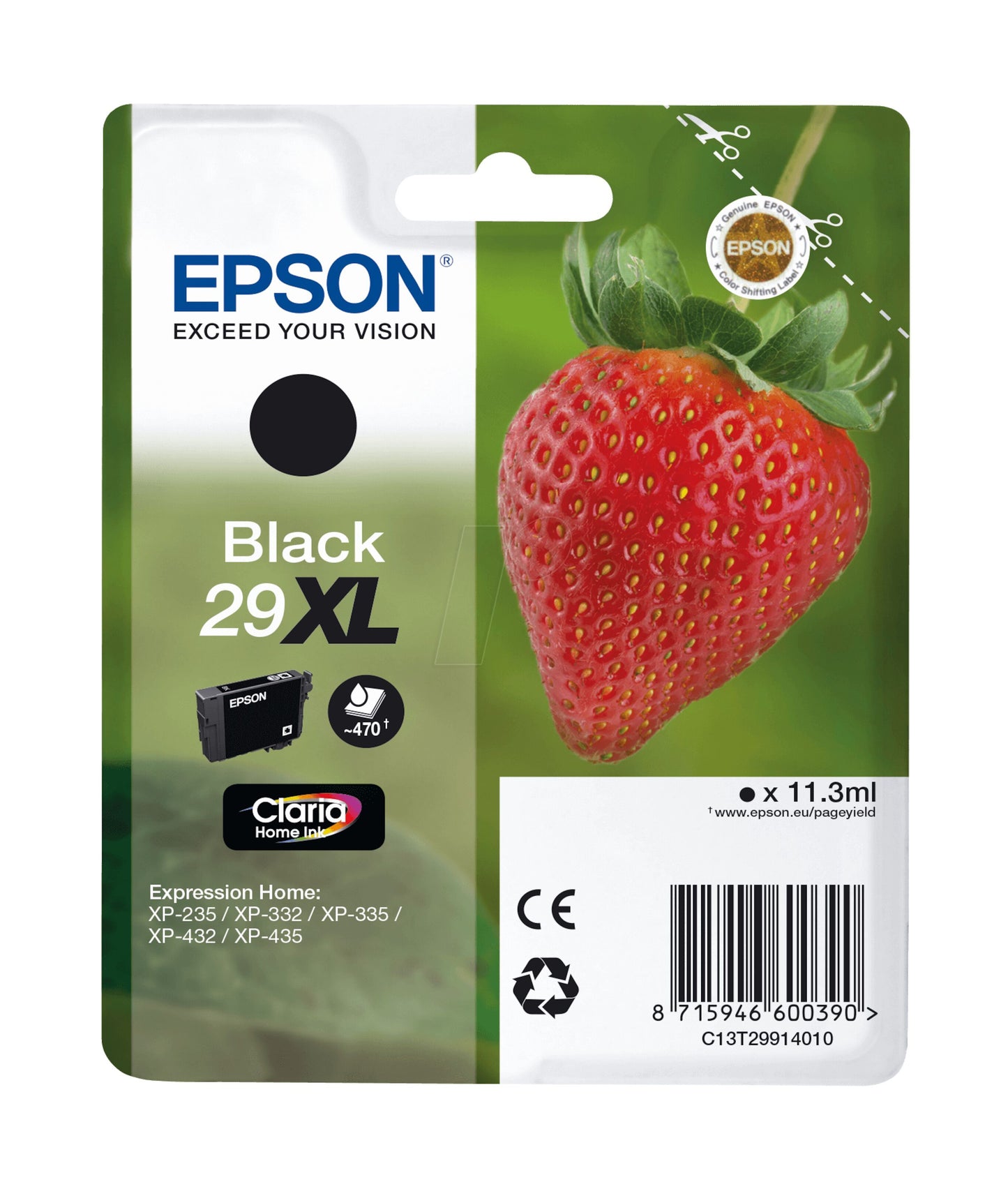 Epson T2991 XL sort blækpatron med jordbærillustration, 11,3 ml, op til 470 sider, til Expression Home-printere.