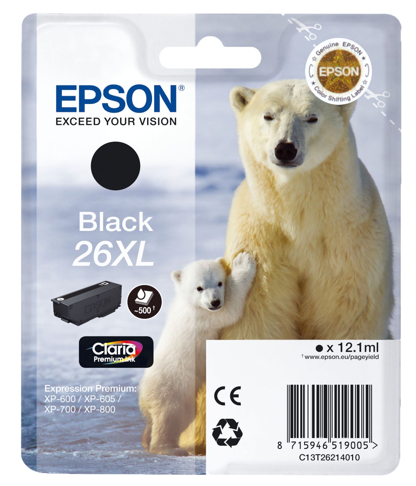 Epson T2621 XL sort blækpatron 12.1ml til ca. 500 sider, til XP-600/605/700/800, emballage med isbjørn og unge.