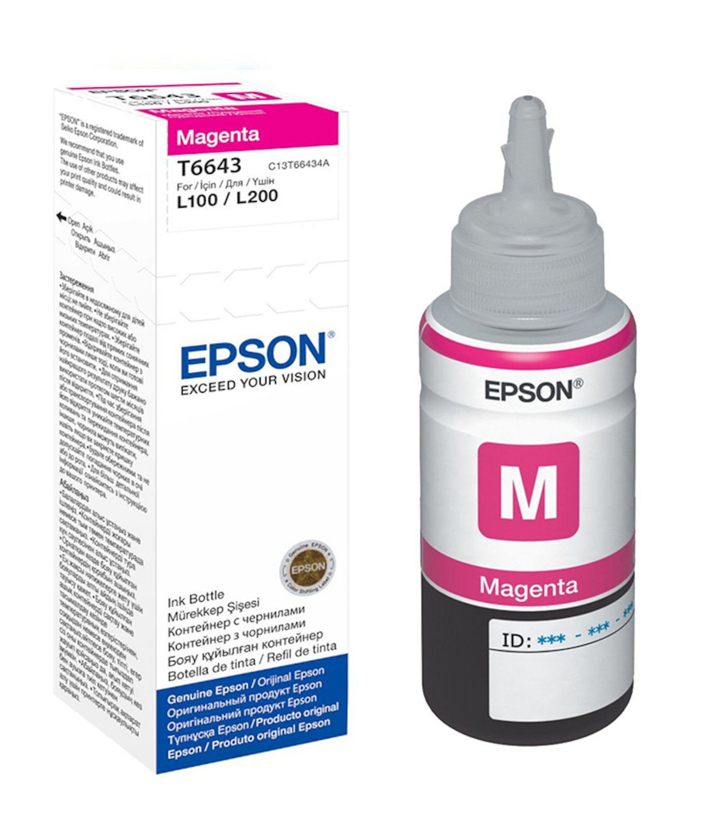 Epson T6643 magenta blækpatron 70 ml til Ecotank L100/L200, magenta/hvid emballage med "Exceed Your Vision".