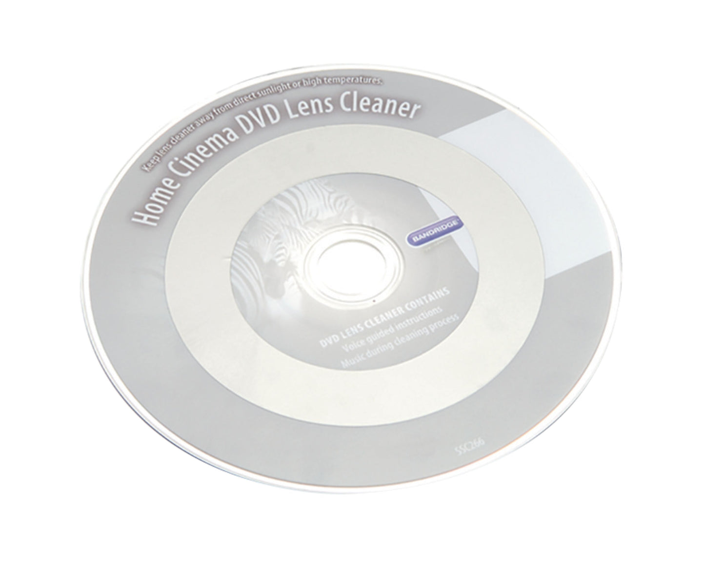 Bandridge DVD-linserensning sølv rengøringsskive med trykte brugsanvisninger og advarsler til dvd-afspiller.