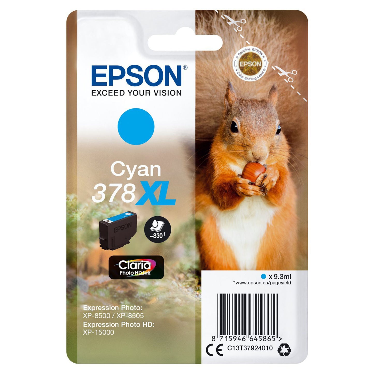 Epson T378 XL cyan blækpatron, 9,3 ml Claria Photo HD Ink, egern og nød-design, til XP-8500/8505 og XP-15000.