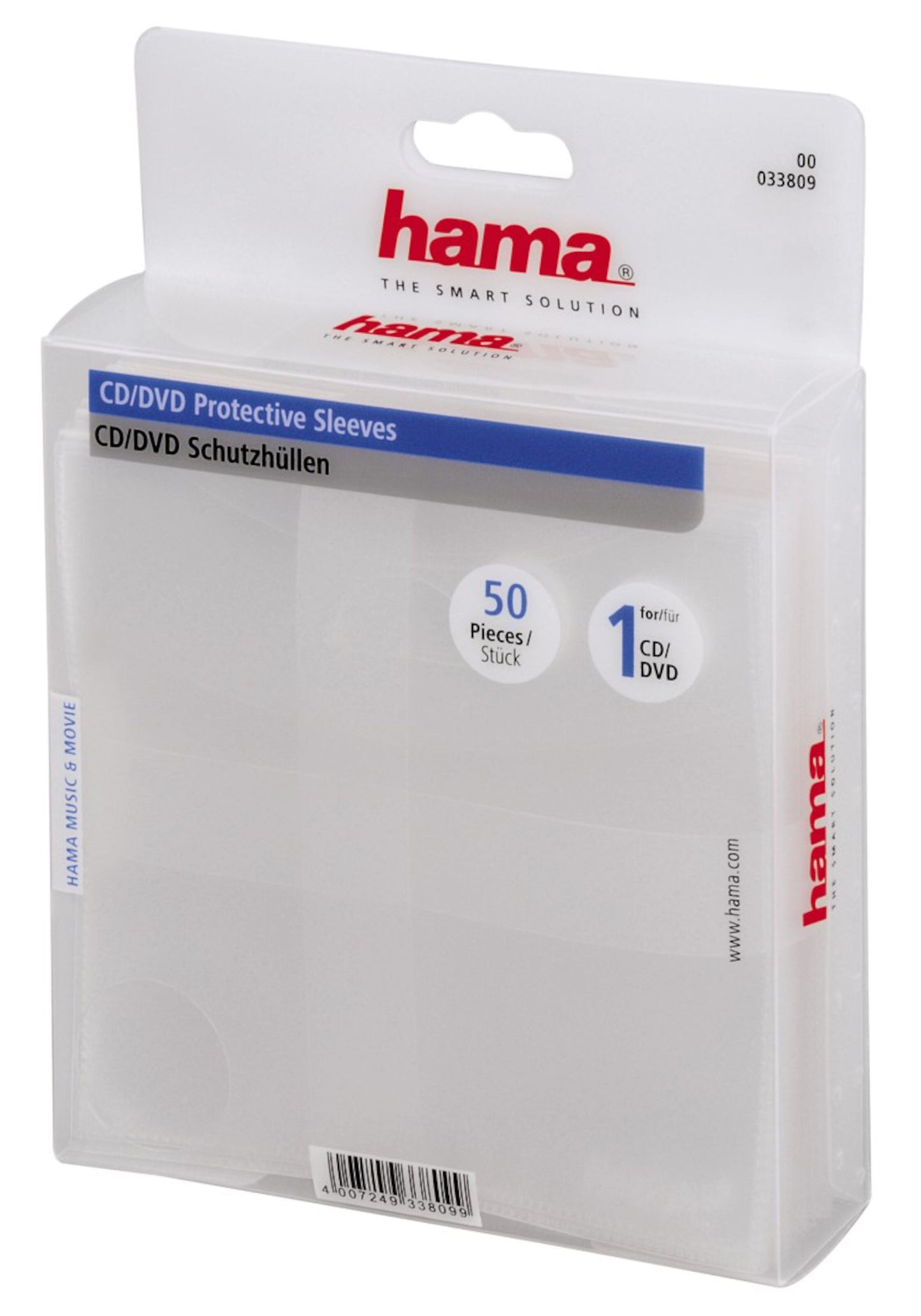 Hama CD/DVD-lomme med låg 50-pakke, klar plastæske, plads til 1 disk pr. lomme, produktinfo synlig på emballagen.
