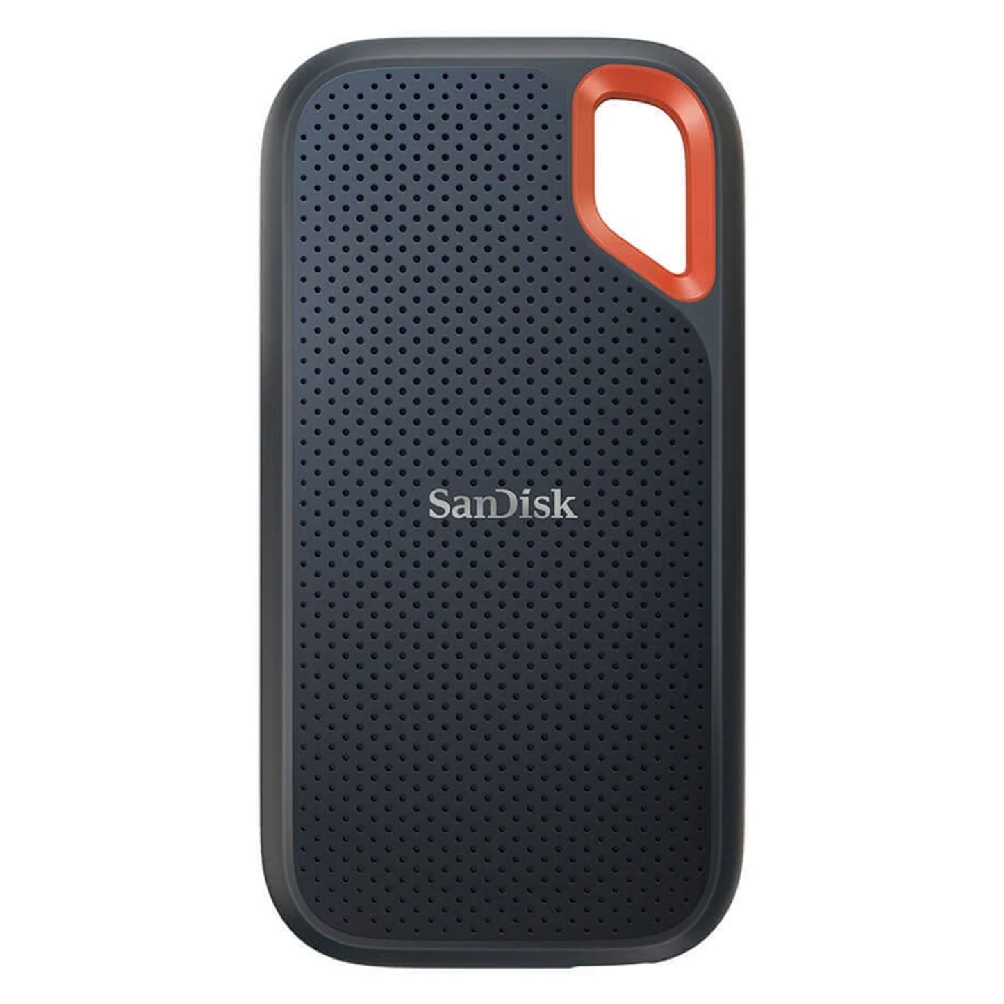 Sandisk Extreme Portable SSD 2TB, sort med orange udskæring øverst til højre og centralt Sandisk-logo.