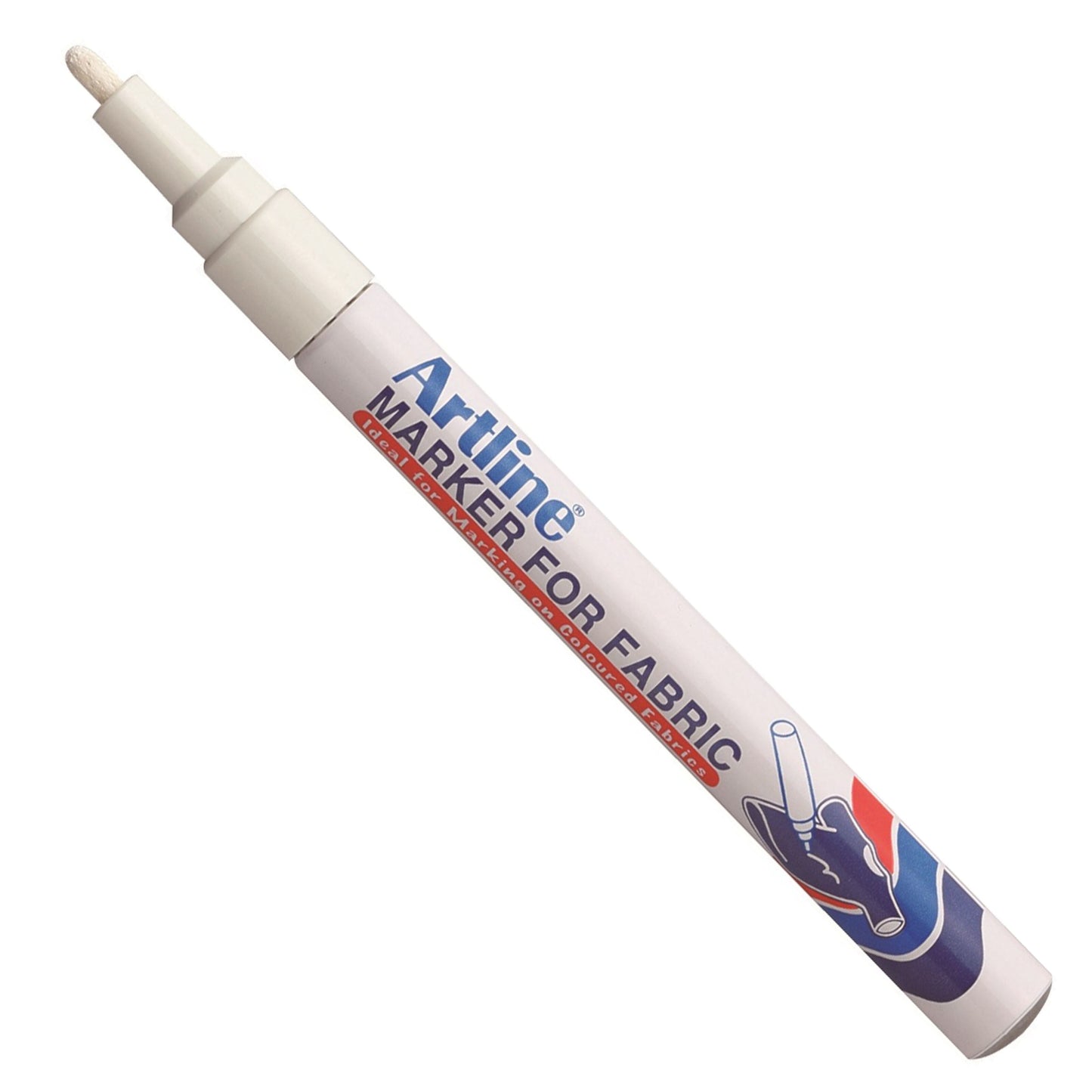 Artline Tekstiltusch EKC-1 stofmarker hvid, fin spids, blå/rød mærkning, vandbaseret pigmentblæk, håndgrafik på tønden.