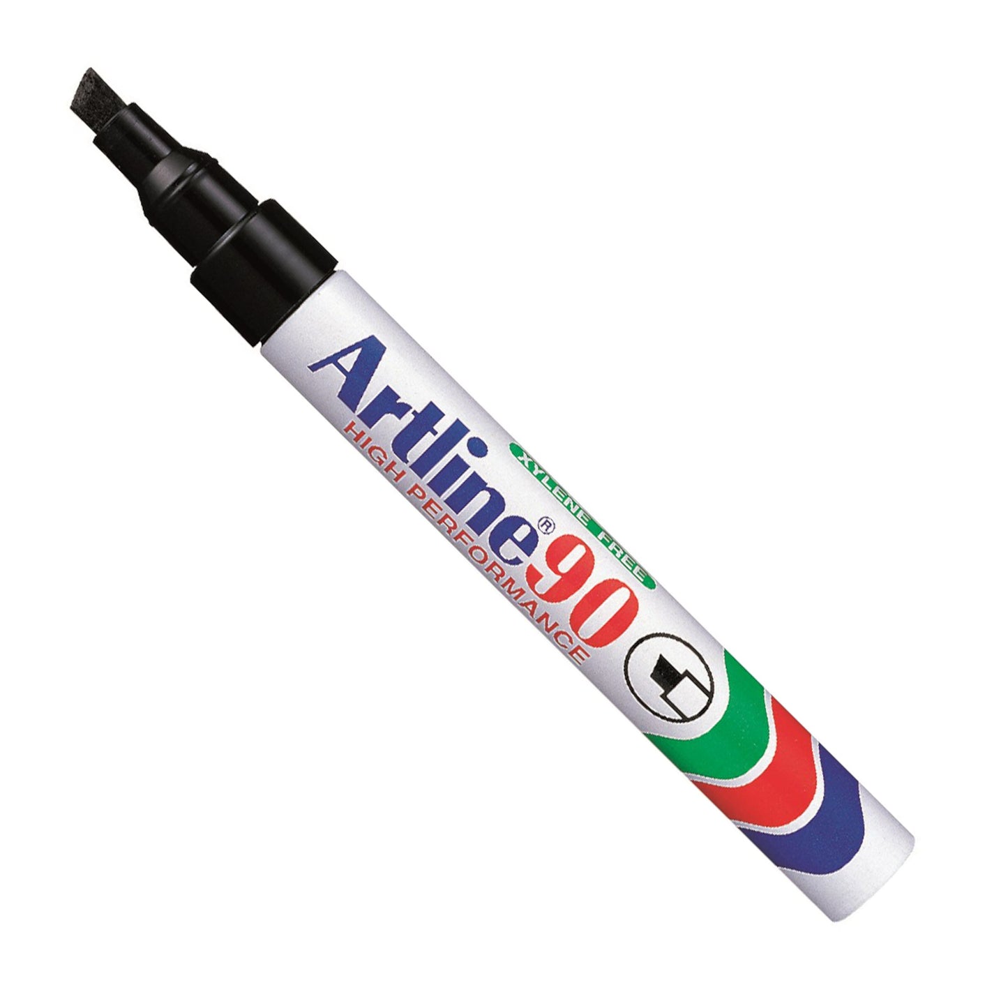 Artline EK-90 permanent tusch, hvid med sort skrå spids, blå/rød/grøn dekoration ved hætte, Artline-logo på siden.