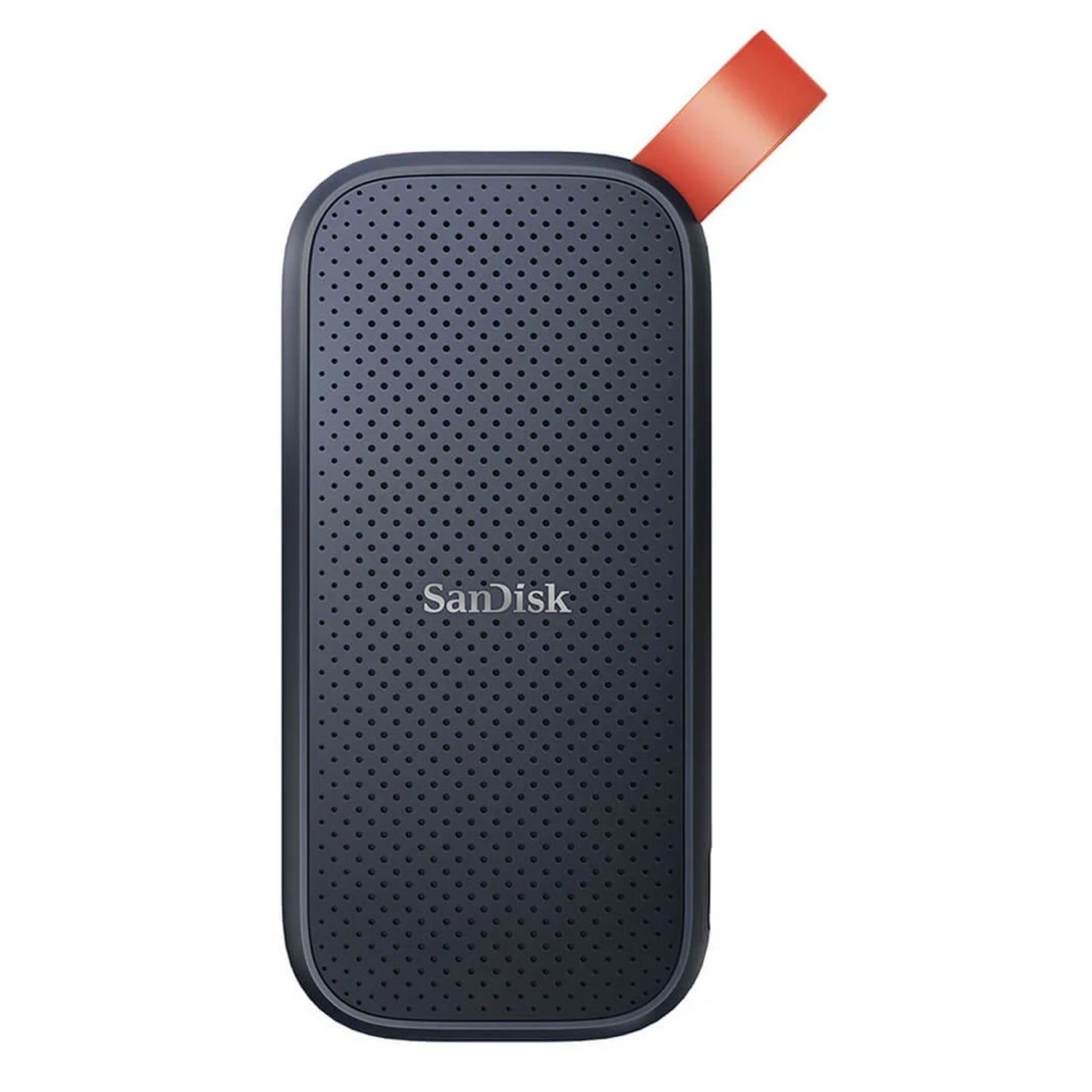 SanDisk bærbar SSD-harddisk 2 TB, sort med tekstureret overflade, orange løkke, centreret SanDisk-logo.