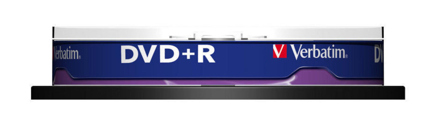 Verbatim DVD+R 10-pak i plastikspindel med blå og hvid label og Verbatim-logo, indeholder 10 DVD+R-diske.