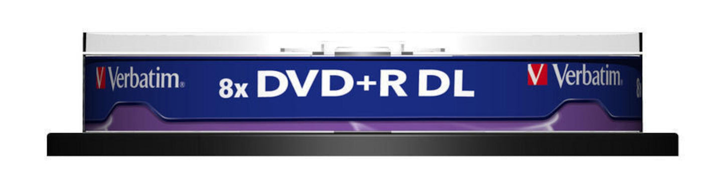 Verbatim DVD+R DL 10-pack, spindel, sidevisning i cake box med blå/lilla label på sort base, 8,5 GB pr. skive.