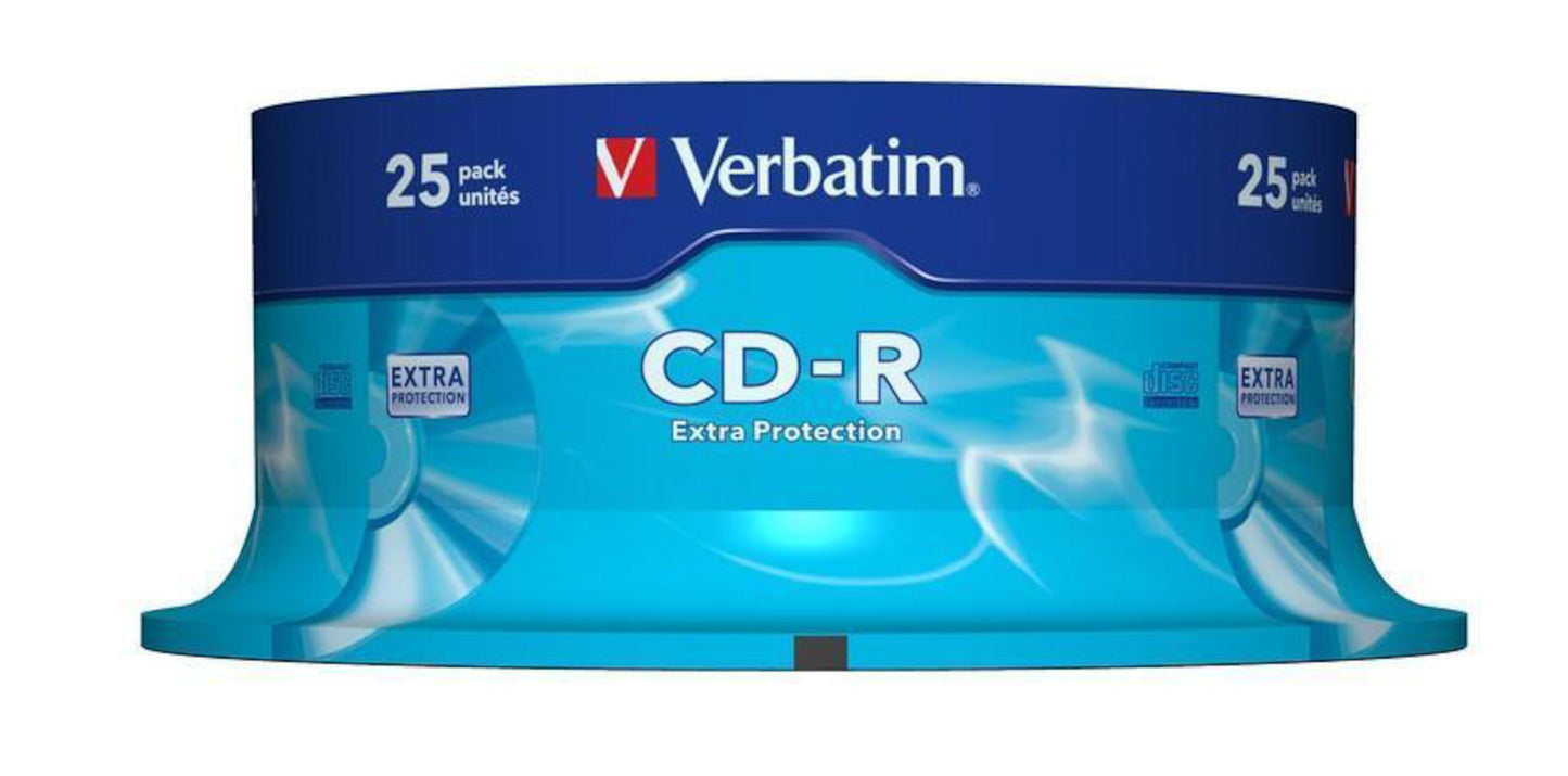 Verbatim CD-R 25-pak, 700 MB Extra Protection, blå emballage med Verbatim-logo foran.