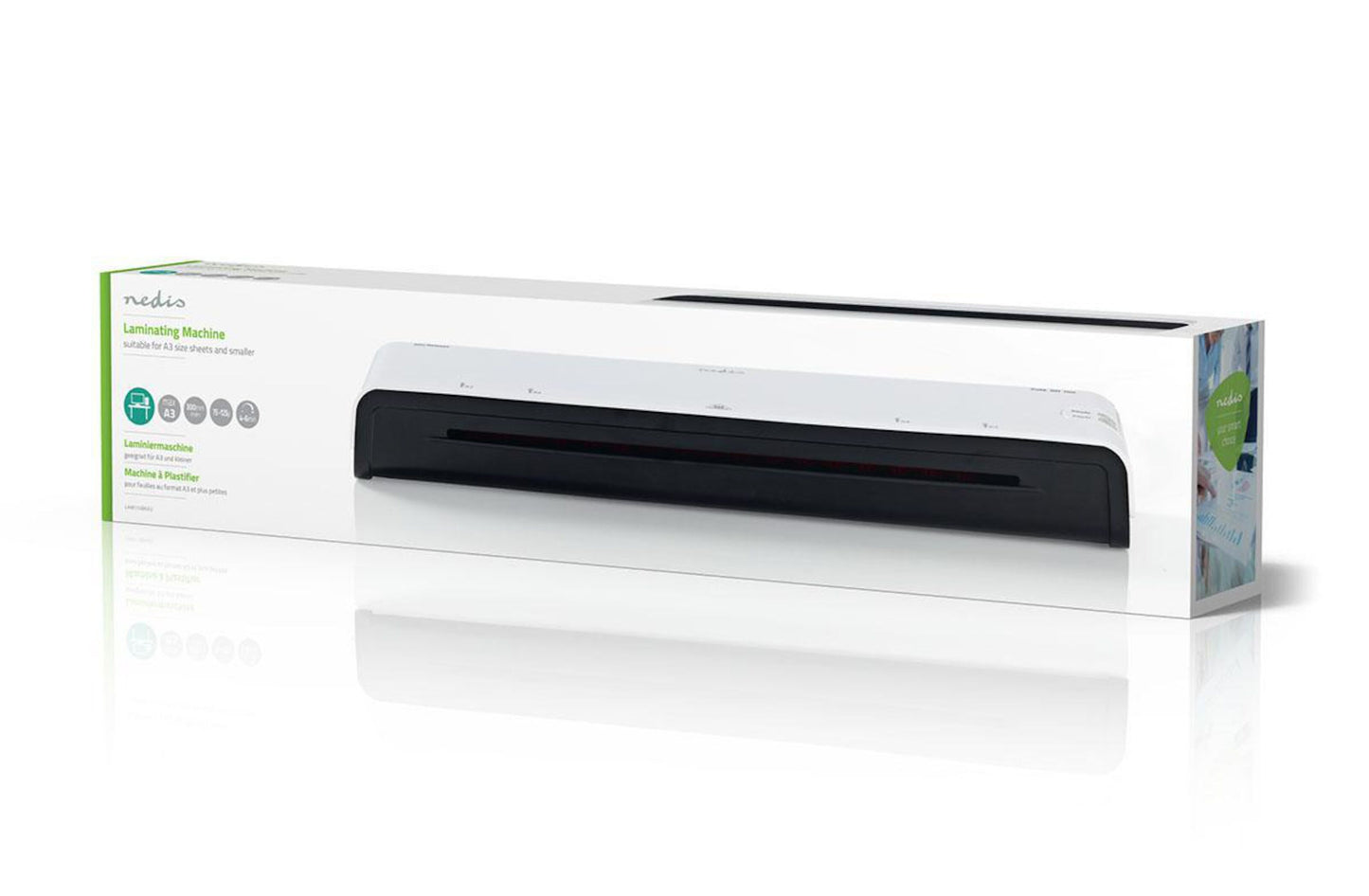 Nedis Lamineringsmaskine A3-format æske med logo, billeder af laminator, tekst om varm og kold laminering.