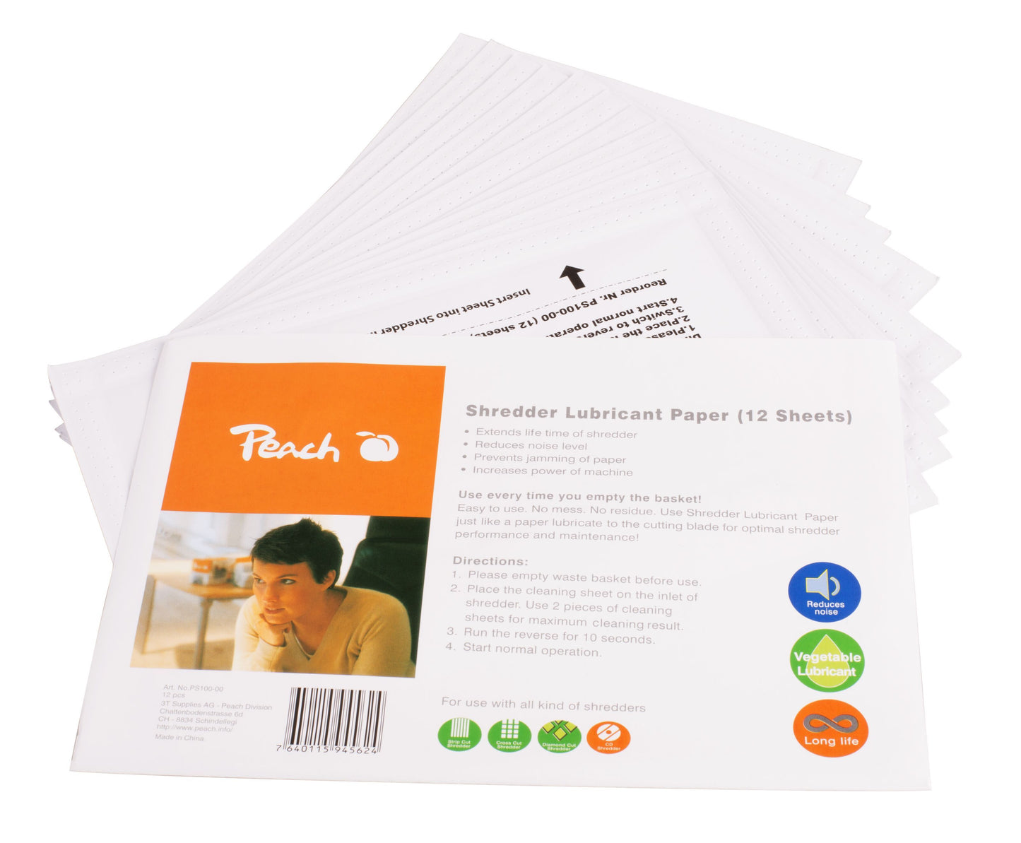 3T Peach Smørepapir til dokumentdestruktør 12-pak, hvide ark med orange/hvid label, brugervejledning, synlige ikoner.