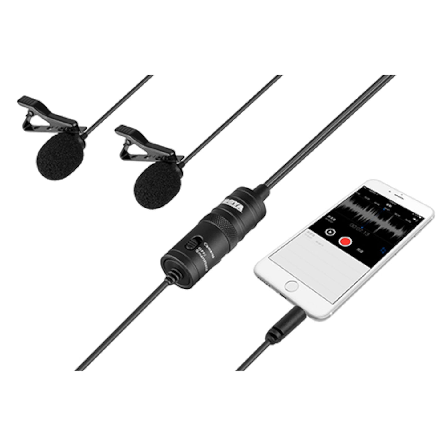 Boya BY-M1DM dobbelt lapel-mikrofon med skumovertræk, tilsluttet smartphone med optageapp, sort.