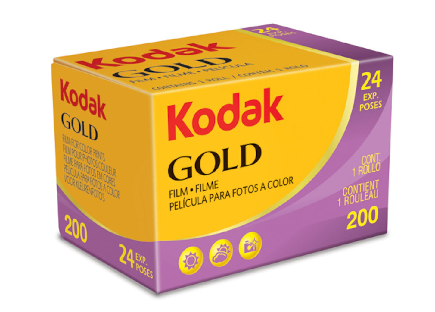 Kodak Guld 135 film, 24 billeder, farve, ISO 200, gul/lilla æske med rødt Kodak-logo, til 35 mm kamera.