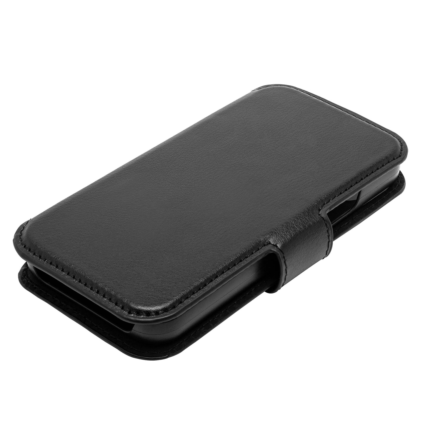Linocell mobilpung til iPhone 13 Mini i sort læder med glatte overflader, syede kanter og magnetisk cover-klap.