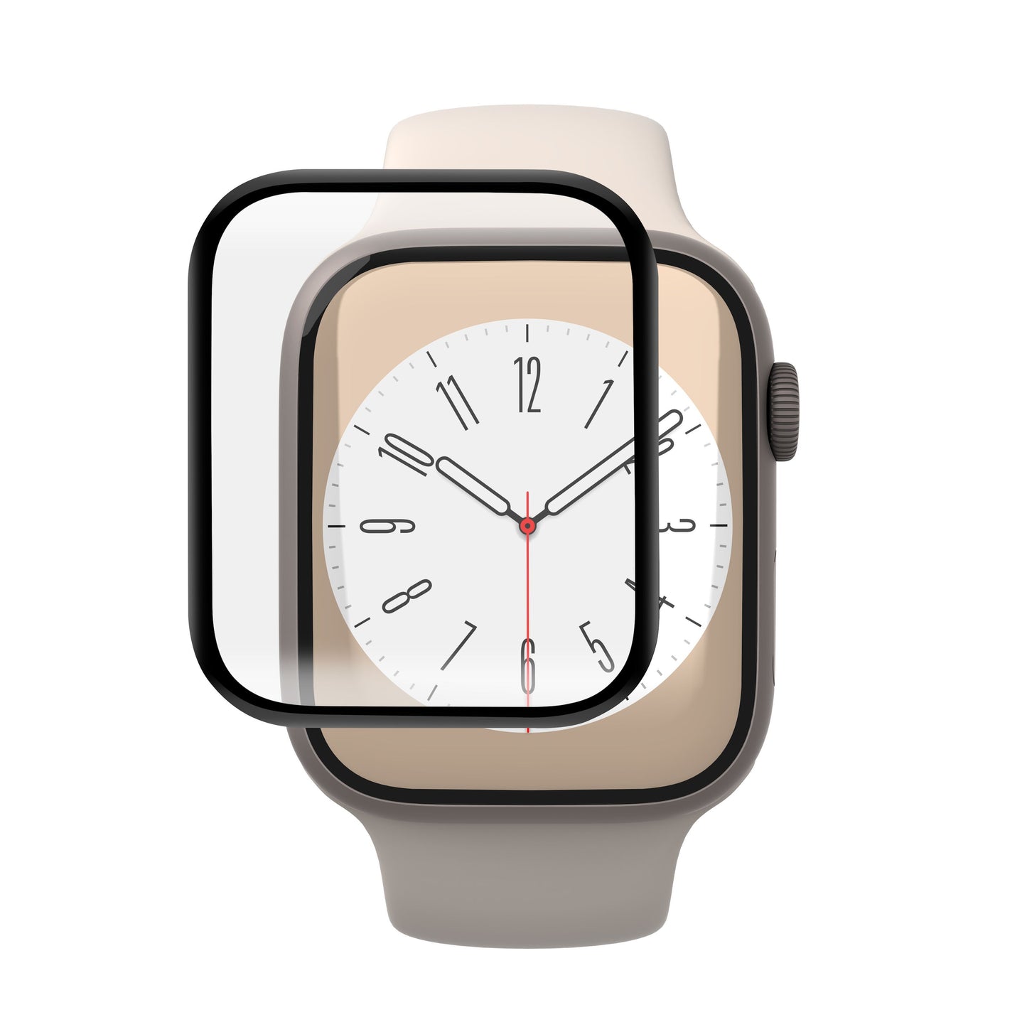 Smartwatch med analog urskive, beige, viser Elite Extreme Curved Skærmbeskytter til Apple Watch 7/8/9 45 mm, sideknap.
