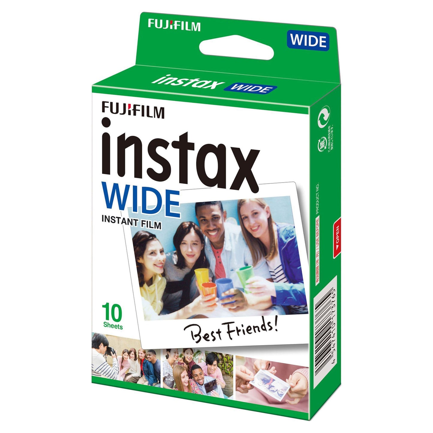 Fujifilm Instax Wide film 10-pak grøn/hvid æske, "Best Friends" og "Wide" tekst, 10 fotos til Instax Wide-kameraer.