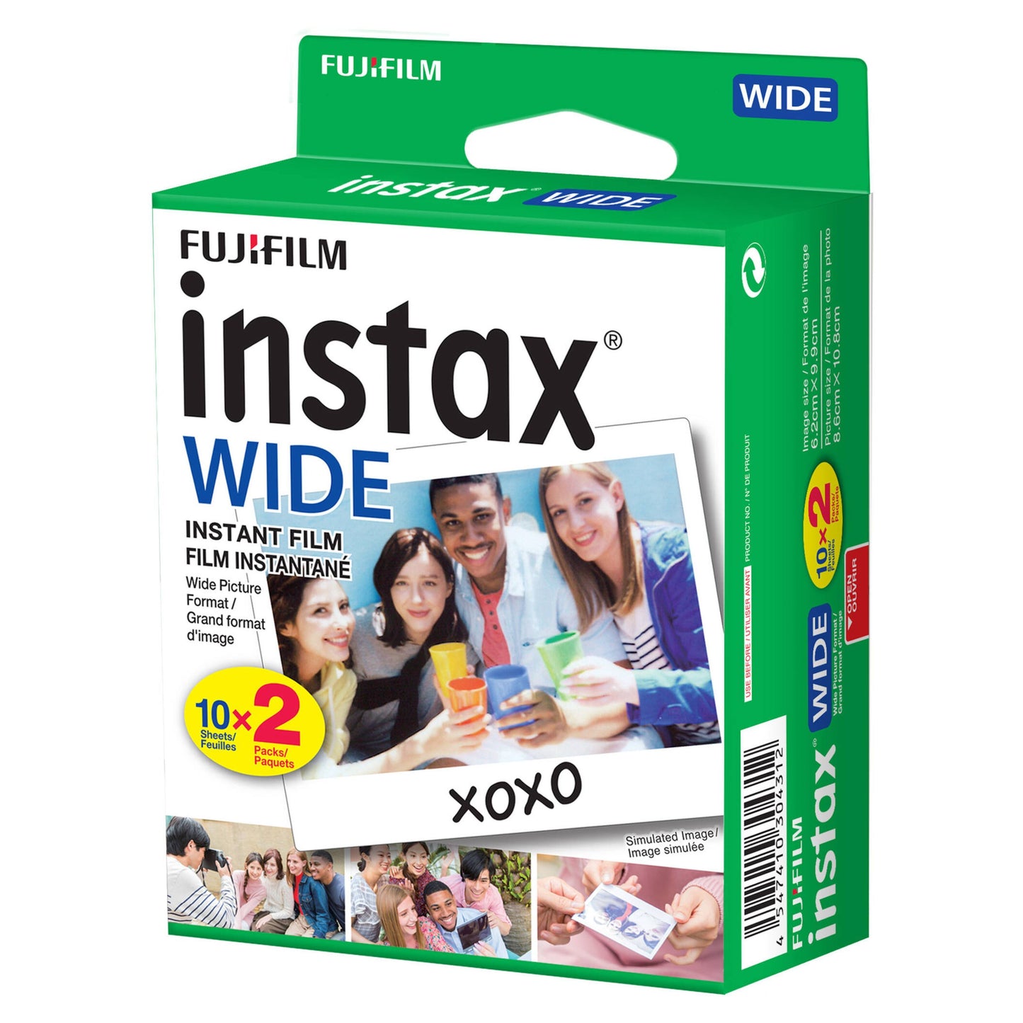 Fujifilm Instax Wide film 20-pak, bredformat til Instax Link Wide, farverig emballage med fem personer og Fujifilm-logo.
