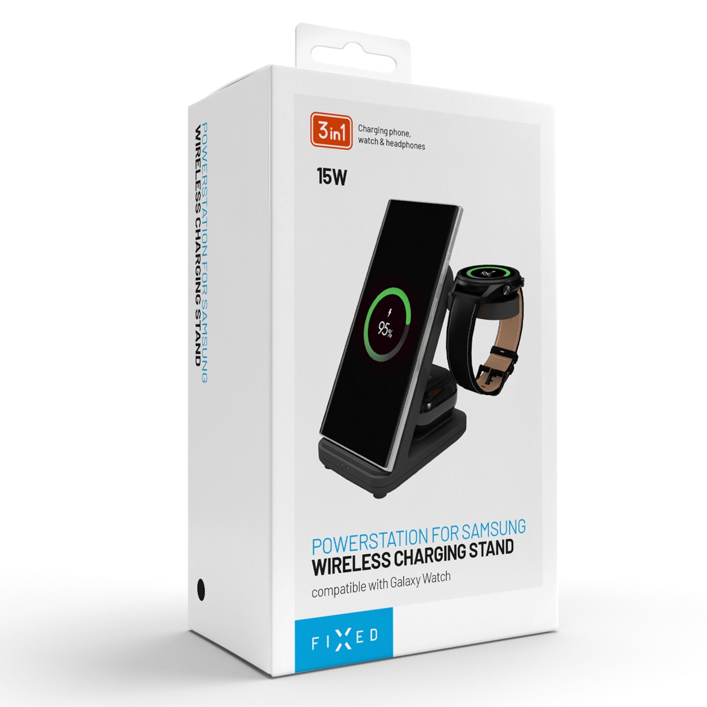 Fixed Powerstation 3-i-1 Opladningsstation emballage med billede af trådløs opladning til mobil, ørepropper og Galaxy Watch.