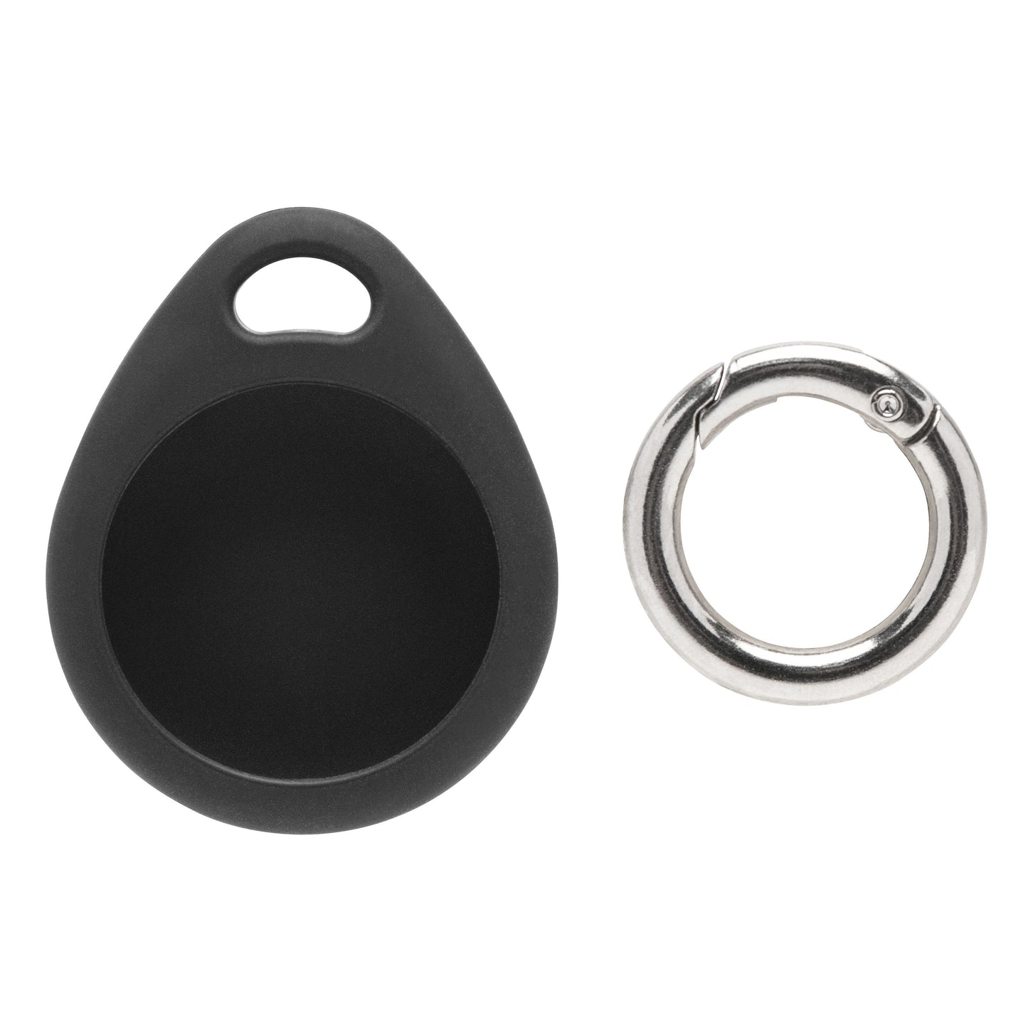 Linocell AirTag nøglering sort, dråbeformet i sort TPU-plast med cirkulær fordybning og lille sølv metalnøgle-ring.