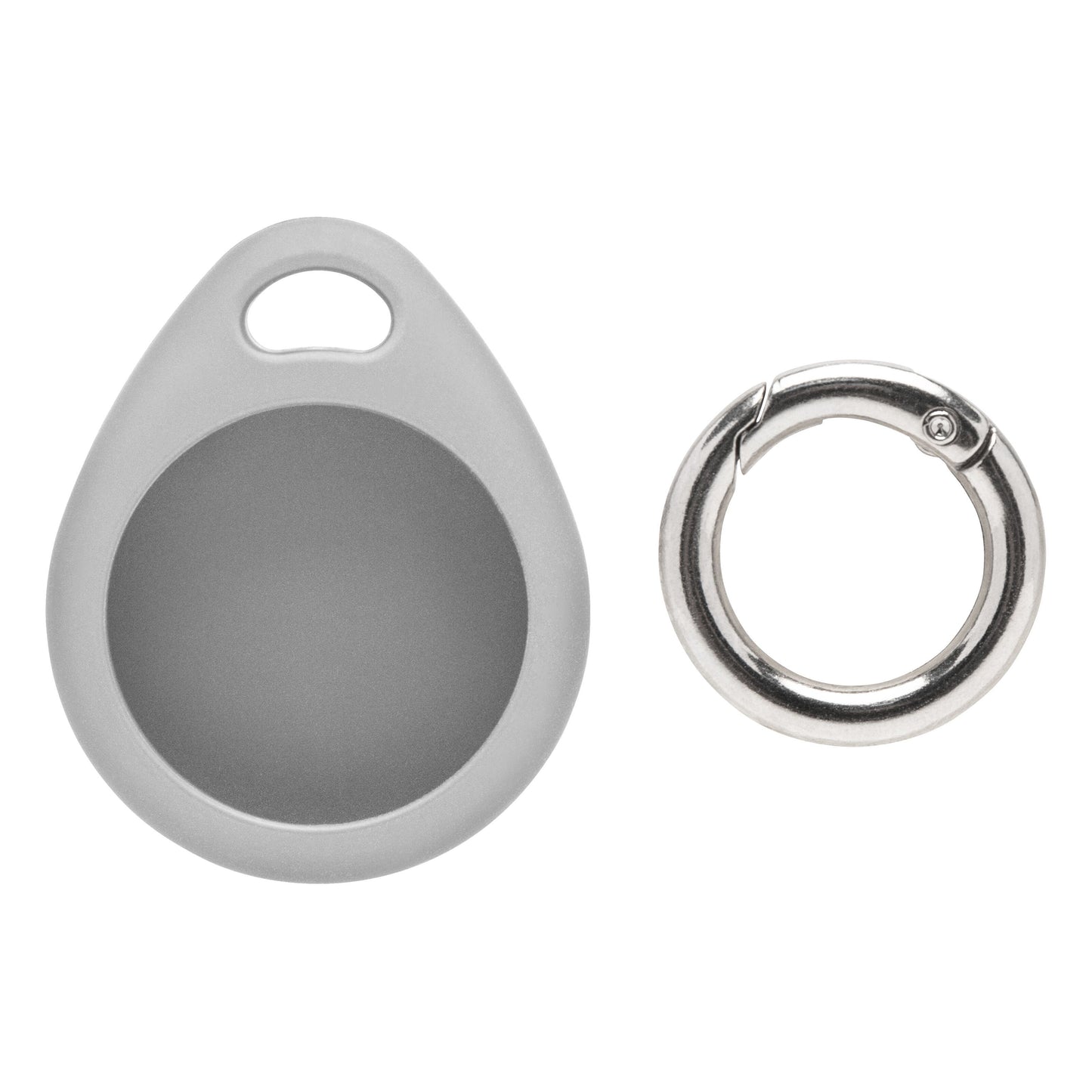 Linocell AirTag nøglering grå, dråbeformet holder med rund udskæring og metalring til montering af Apple AirTag.
