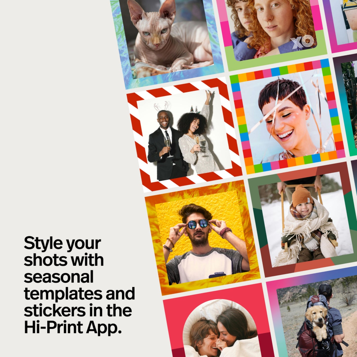 Polaroid Hi-Print 3-3 papirkassette 30 ark og Hi-Print App nævnt sammen med farverige fotoprints.