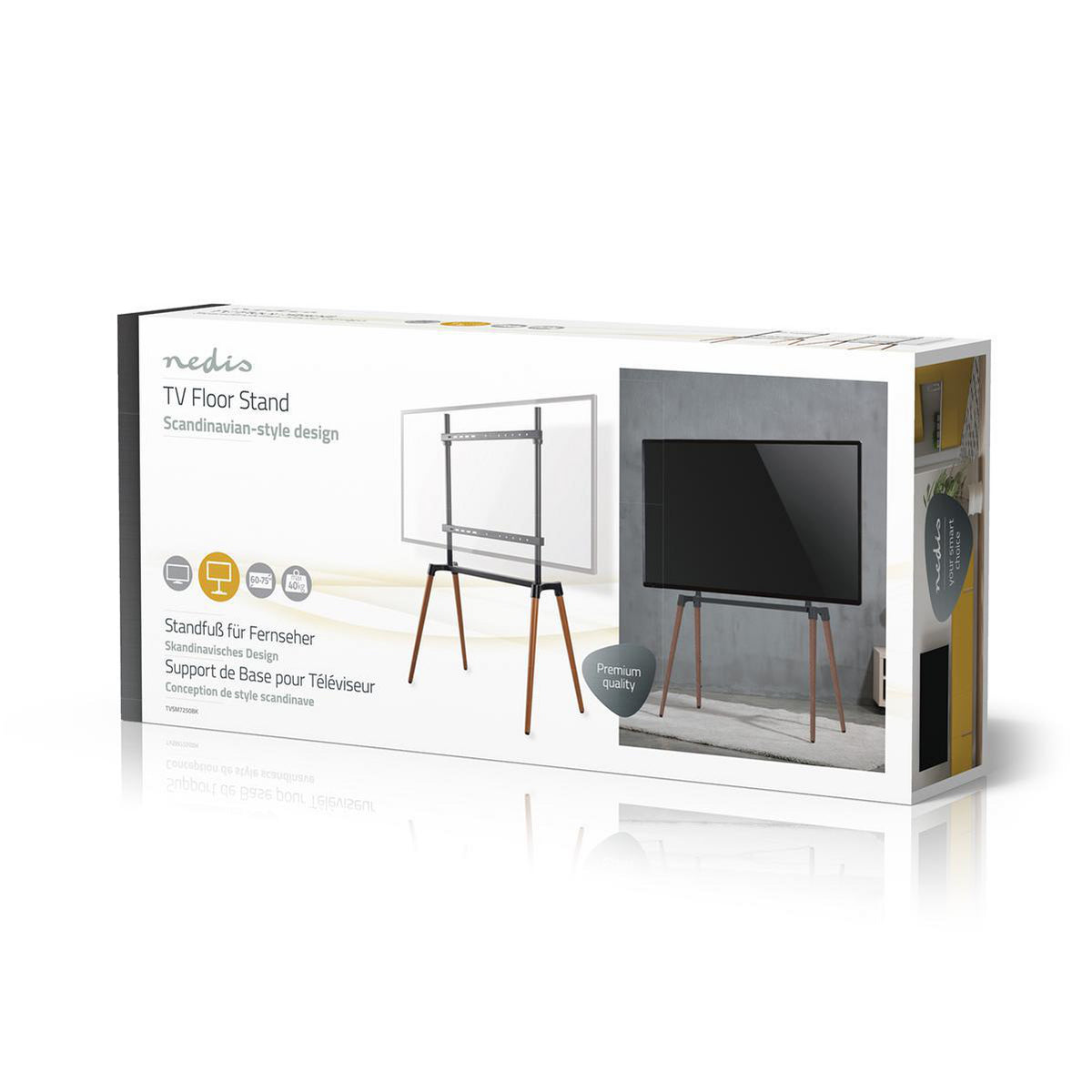 TV gulvstand Bauhaus-design 60-75" 40 kg, justerbar højde og kabelskjuling vist på æske flere sprog.