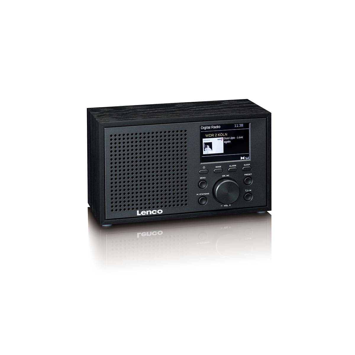 Lenco bærbar DAB+/FM-radio med Bluetooth i sort med venstre højttaler, højre display og kontrolknapper.